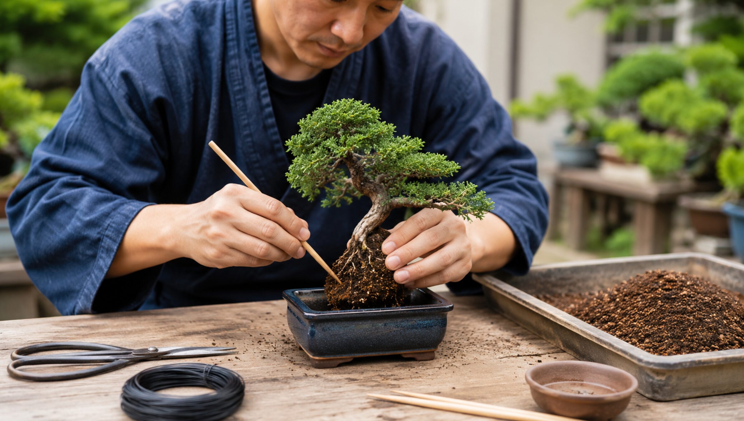 ミニ盆栽を新しい鉢へ植え替え竹箸で用土を詰める作業