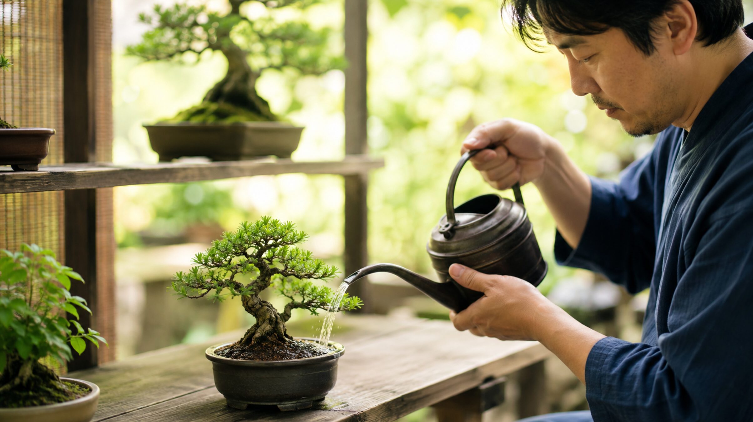 植え替え後のミニ盆栽に明るい日陰で水やりをする様子