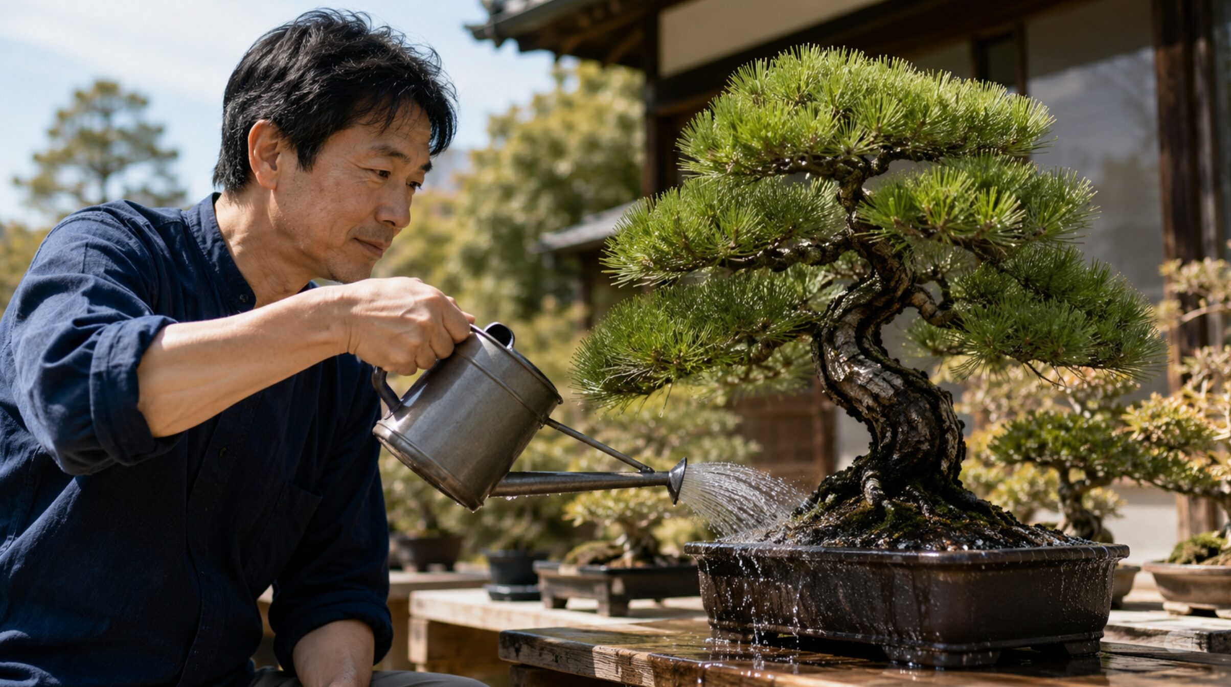 屋外で黒松盆栽にじょうろでたっぷり水やりをする様子