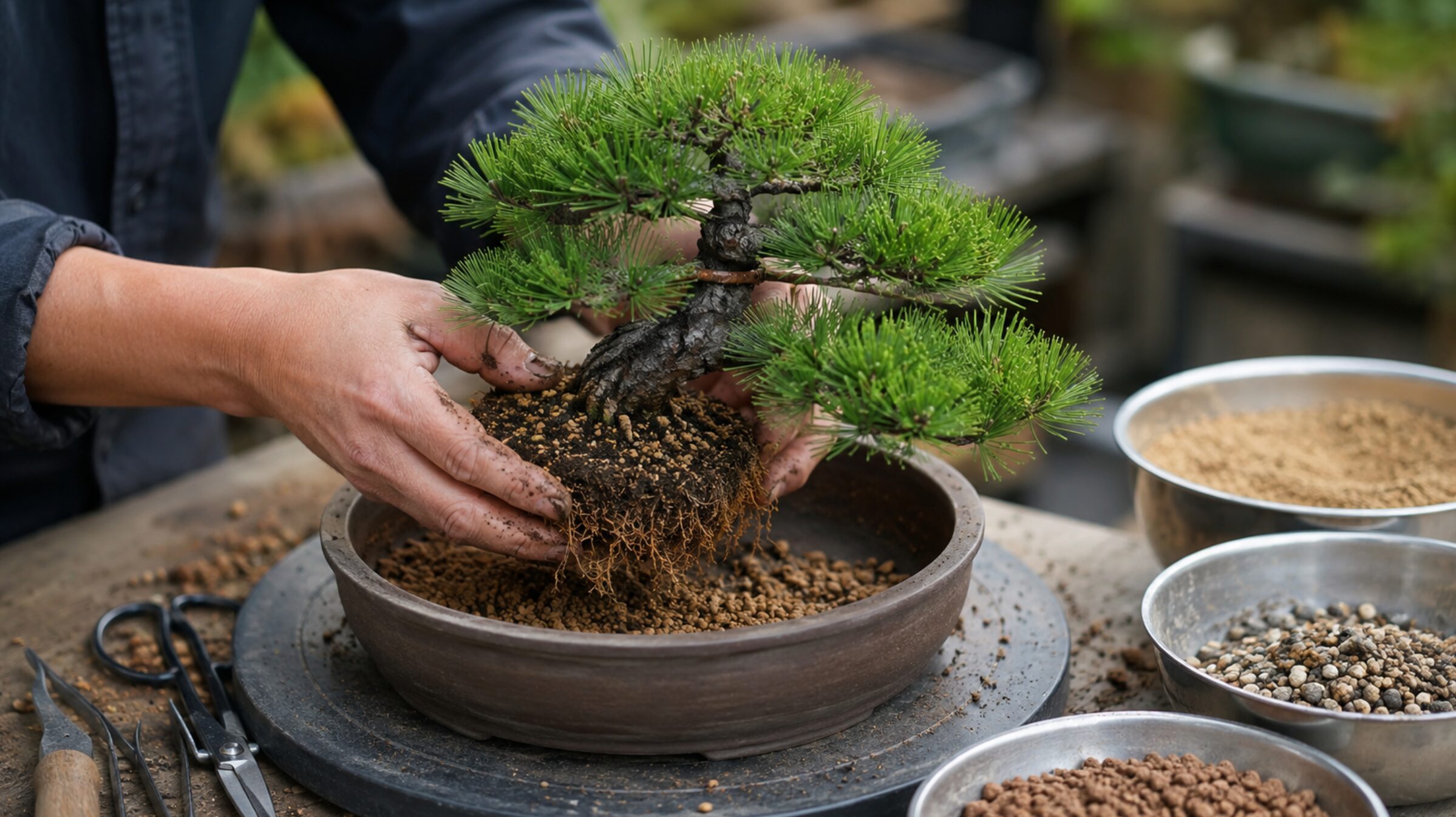 黒松盆栽の根を確認し赤玉土で植え替える作業
