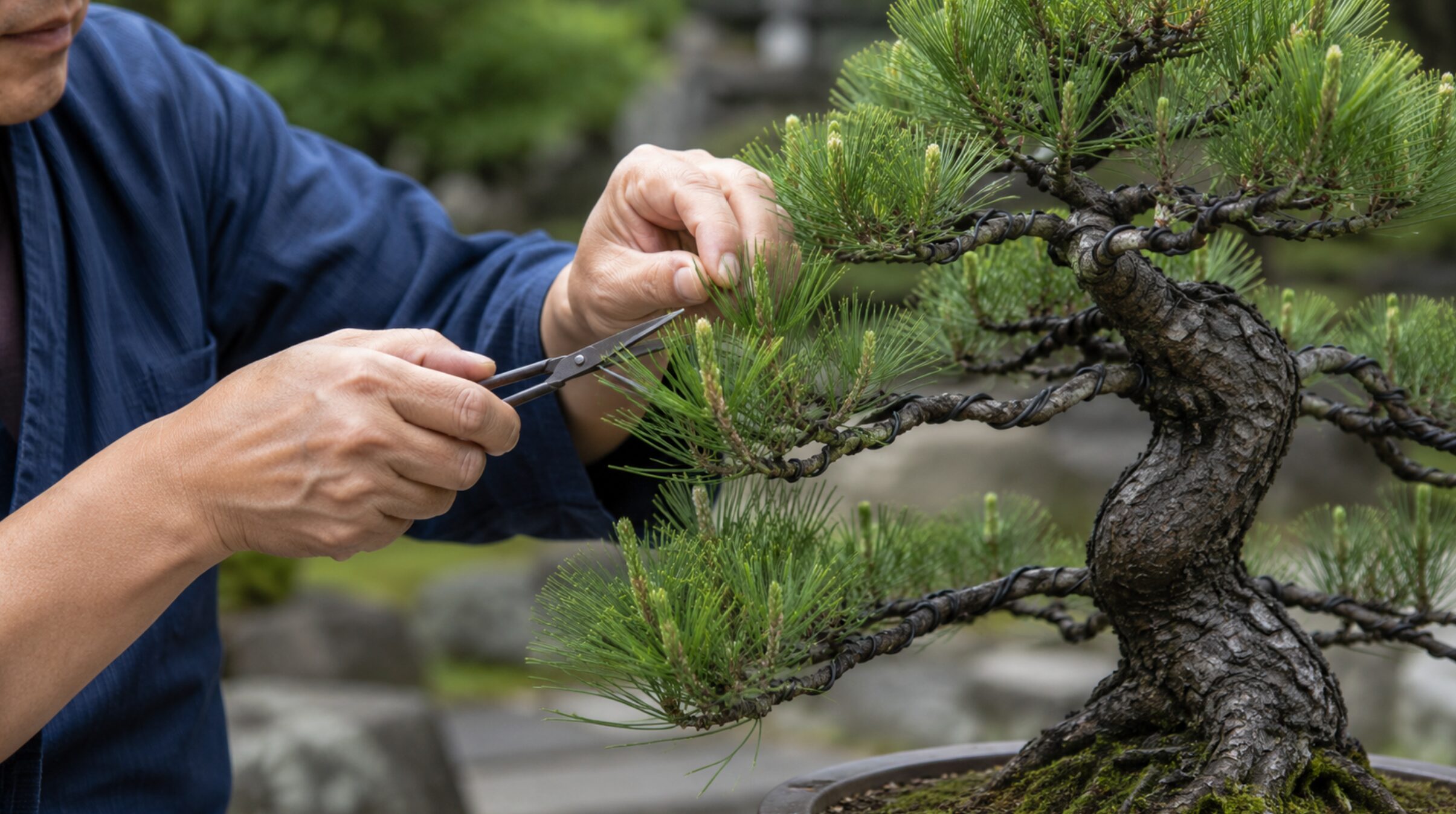 黒松盆栽の新芽をはさみで整える芽摘みと剪定作業