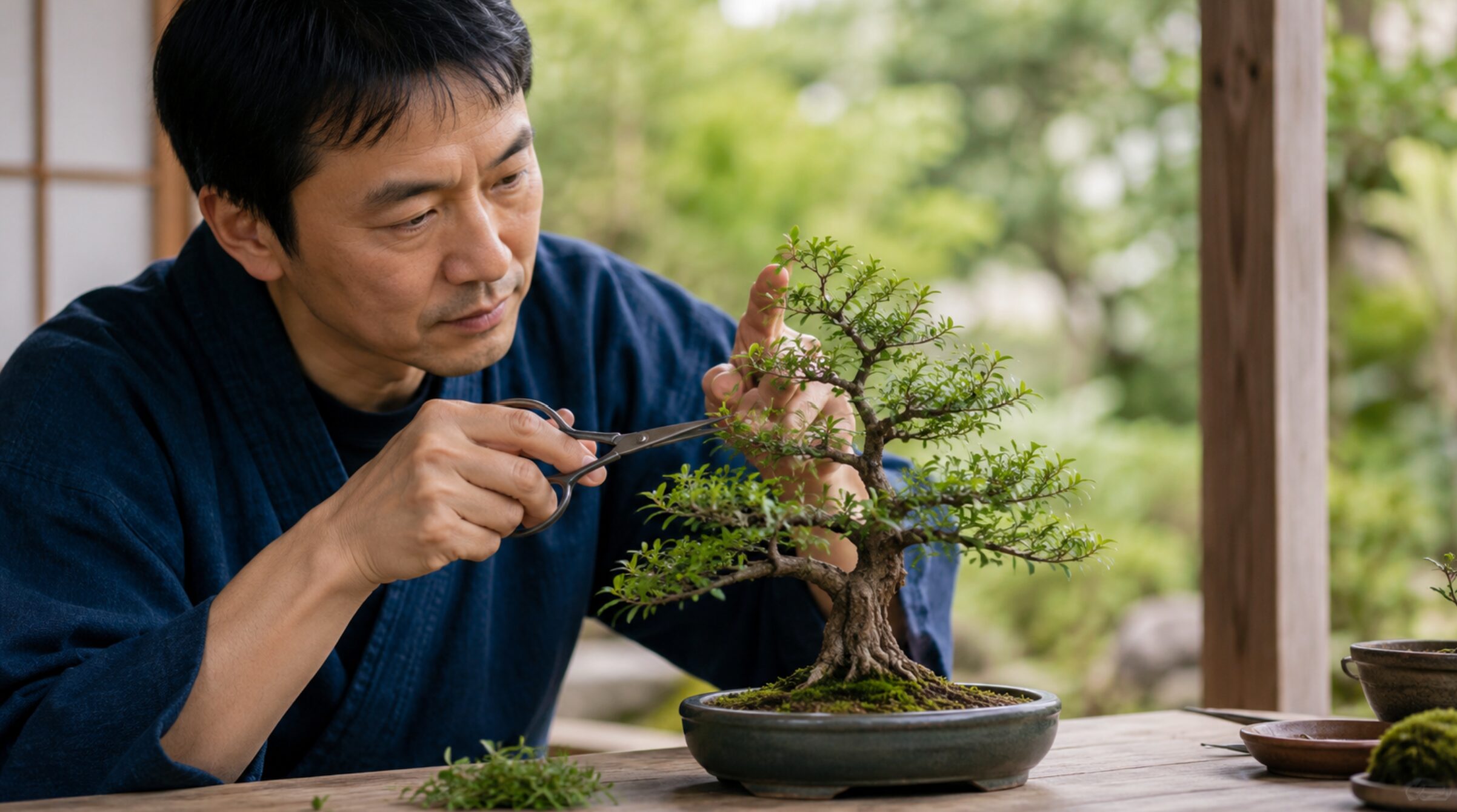 盆栽ばさみでミニ盆栽の枝を慎重に剪定する日本人男性