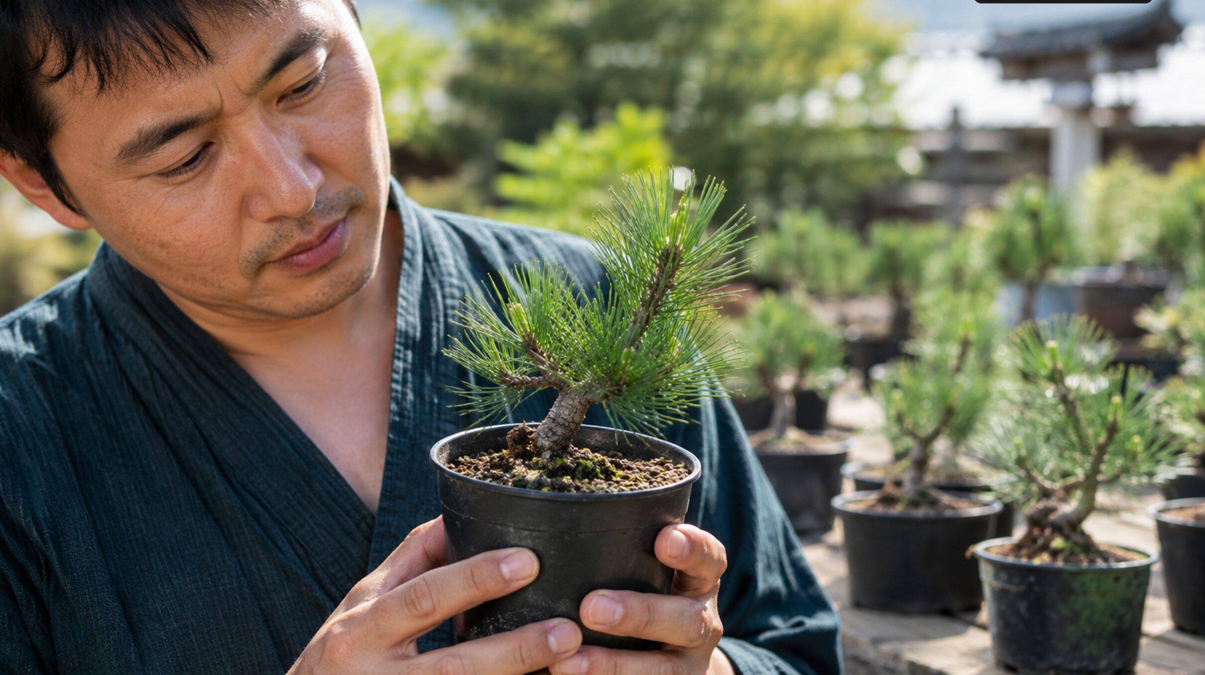 盆栽園で葉色や根元を確認しながら黒松盆栽の苗木を選ぶ日本人男性