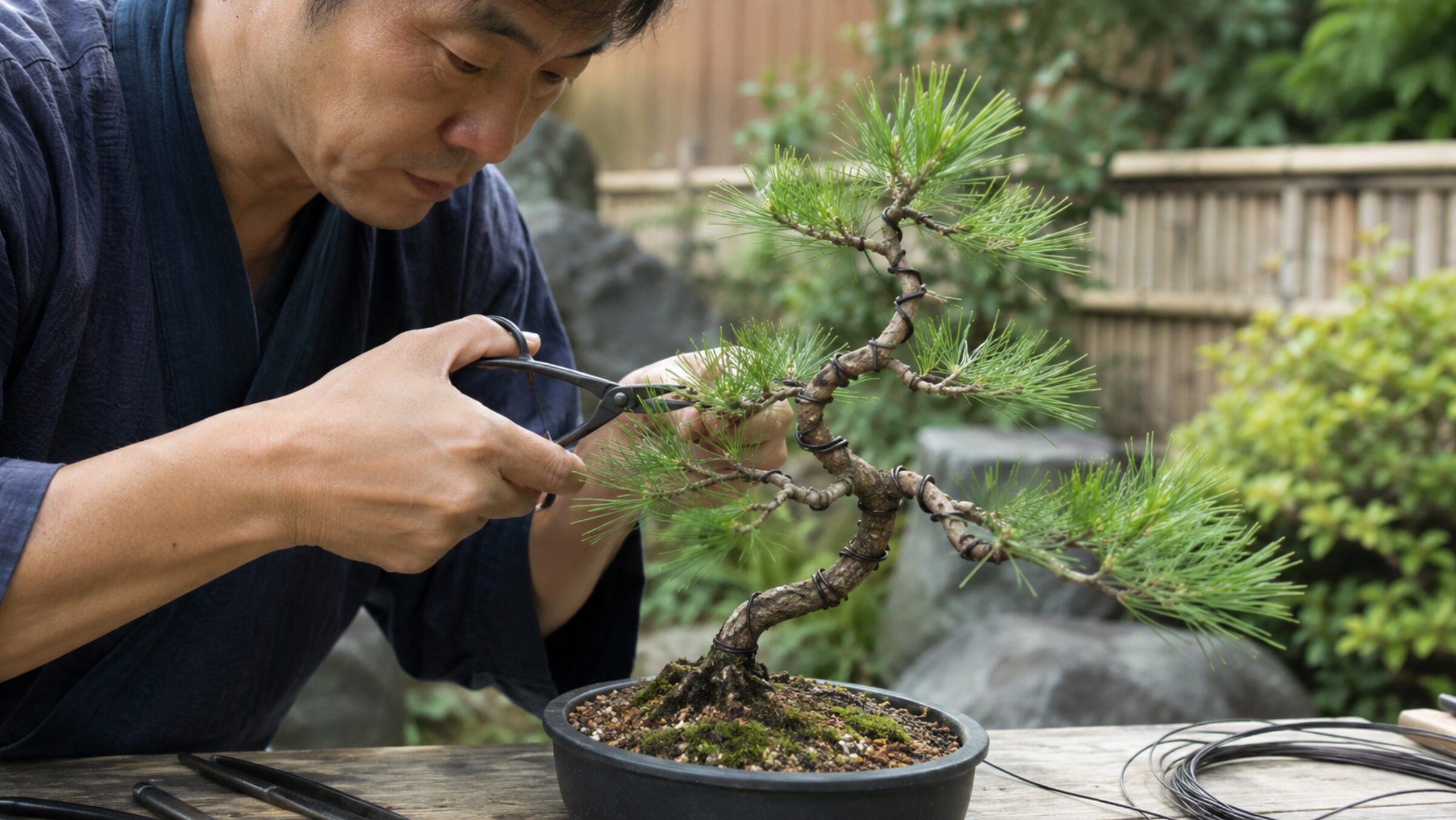 針金を掛けた若い黒松盆栽の枝を剪定して樹形を整える日本人男性