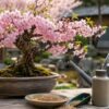 満開の桜盆栽と固形肥料・液体肥料・じょうろ