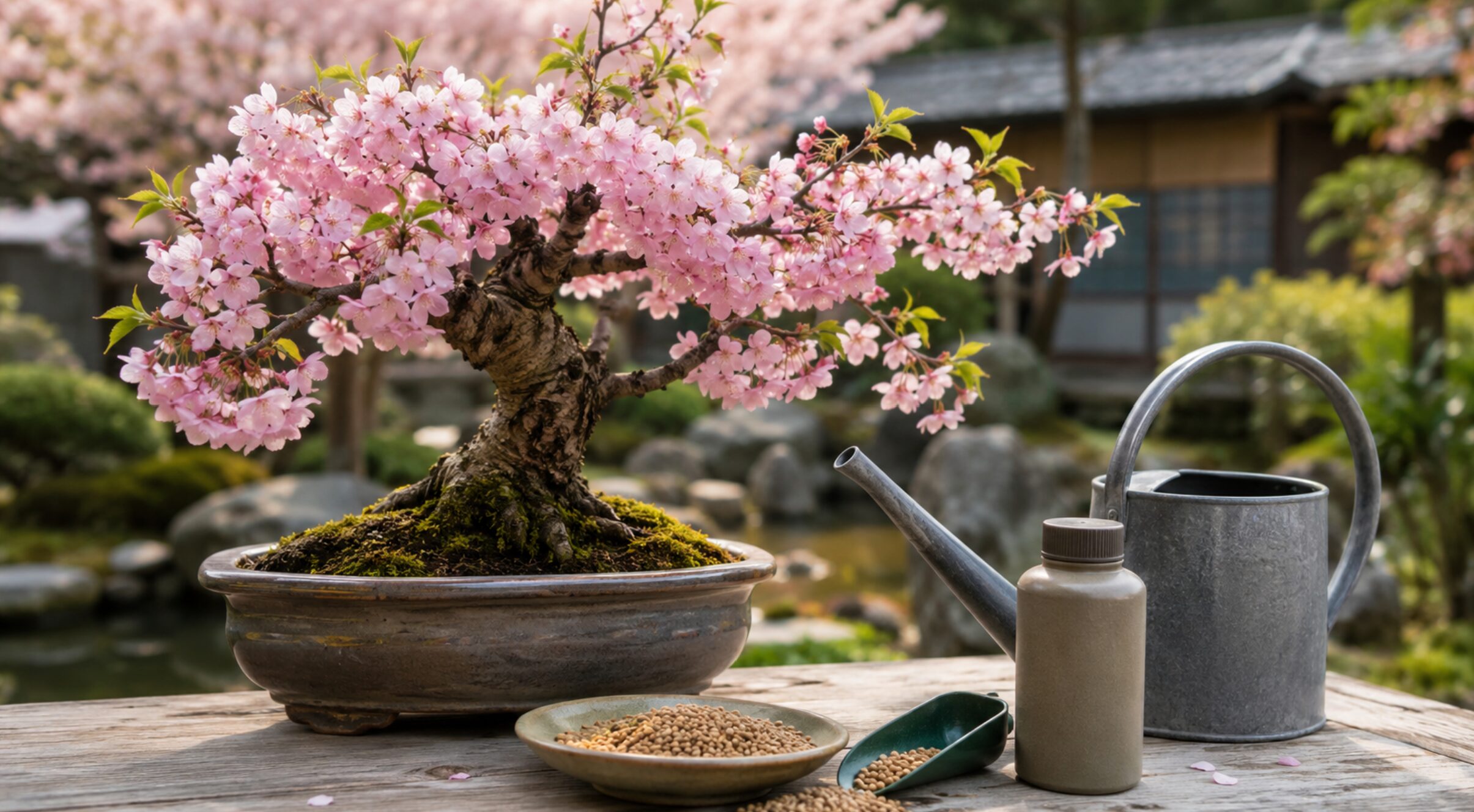 満開の桜盆栽と固形肥料・液体肥料・じょうろ