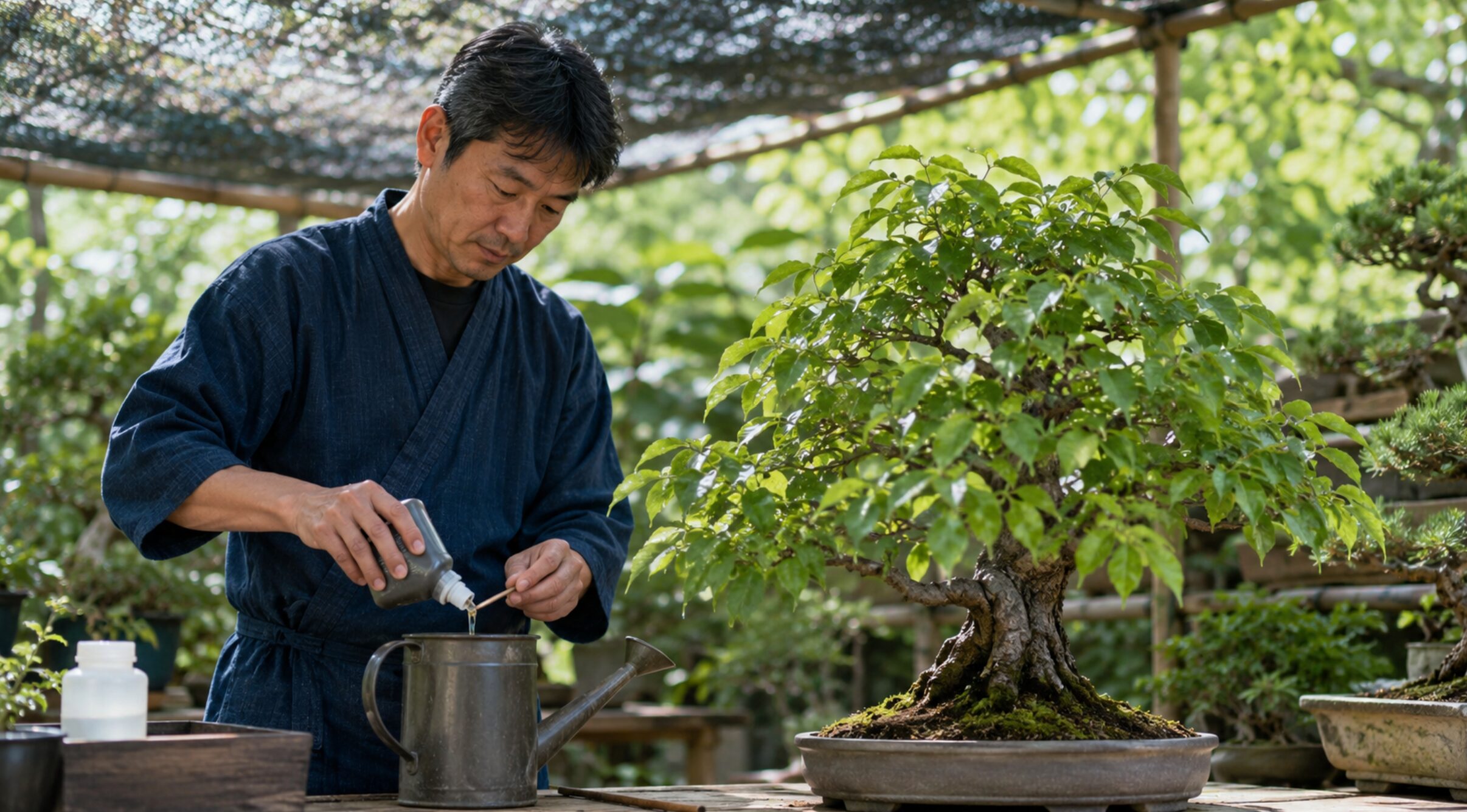 夏の桜盆栽用に液体肥料を薄める日本人男性