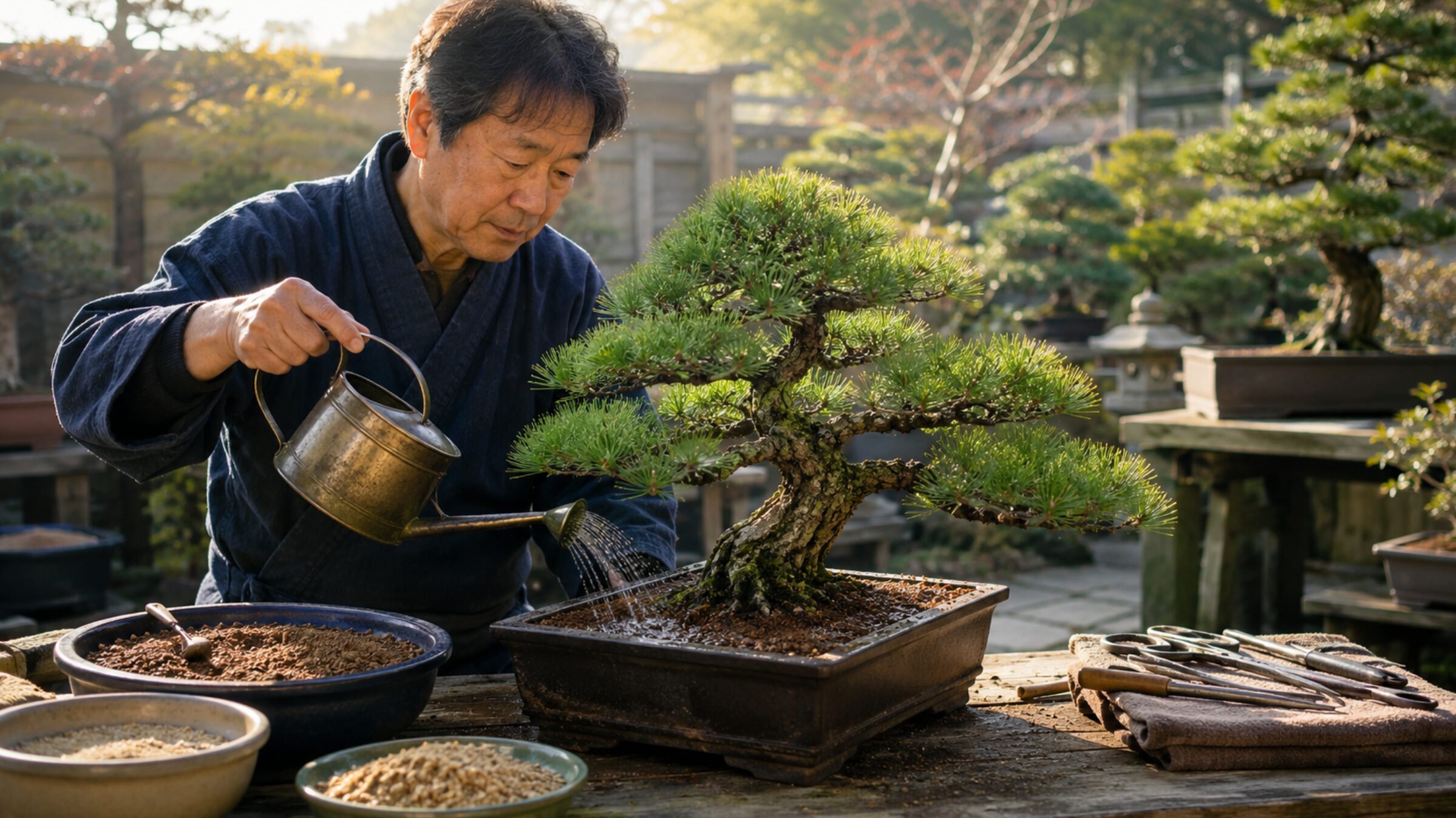 屋外で黒松盆栽の鉢底まで丁寧に水やりする日本人の作業者