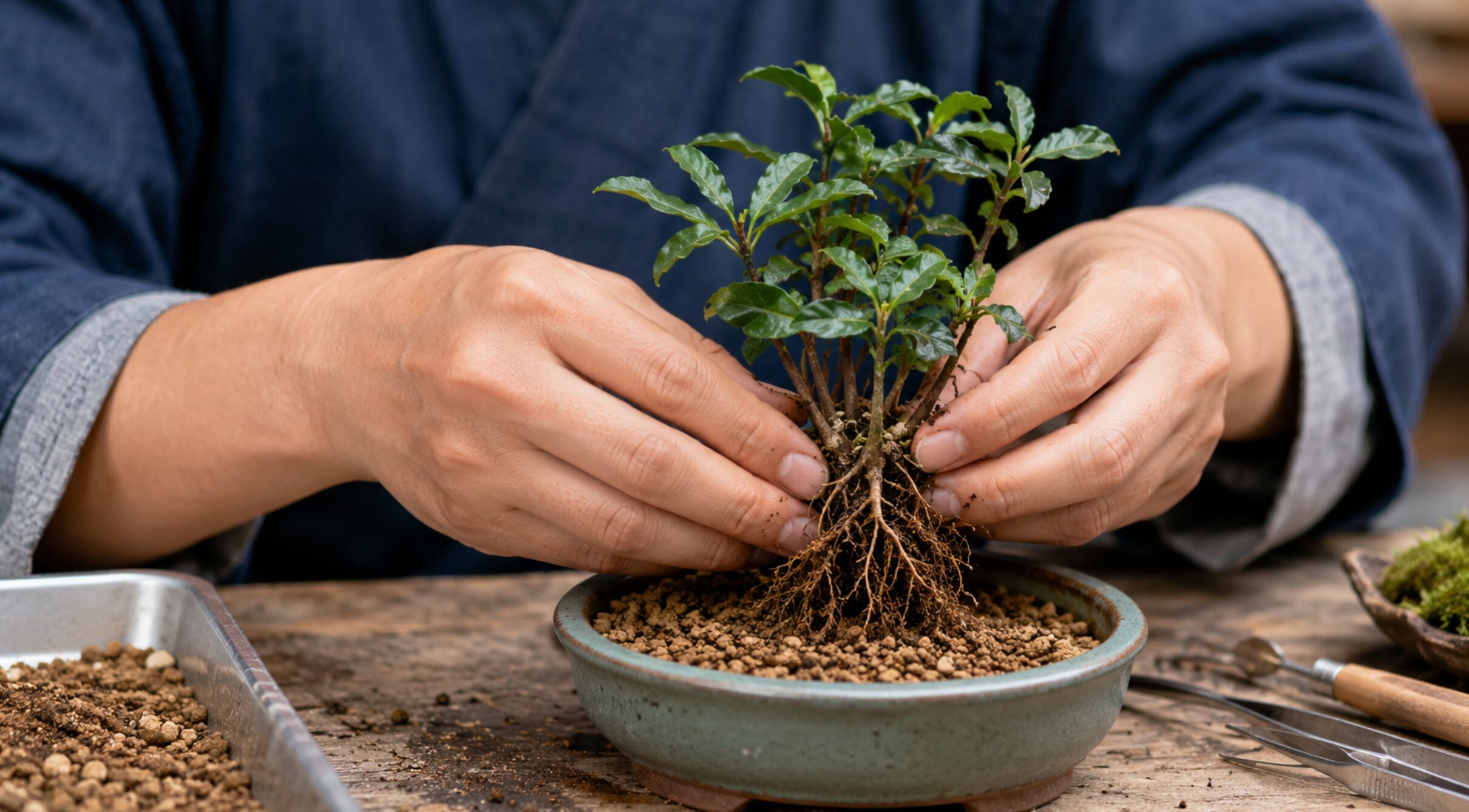 ヤブコウジの根を整理してミニ盆栽鉢へ植え替える作業