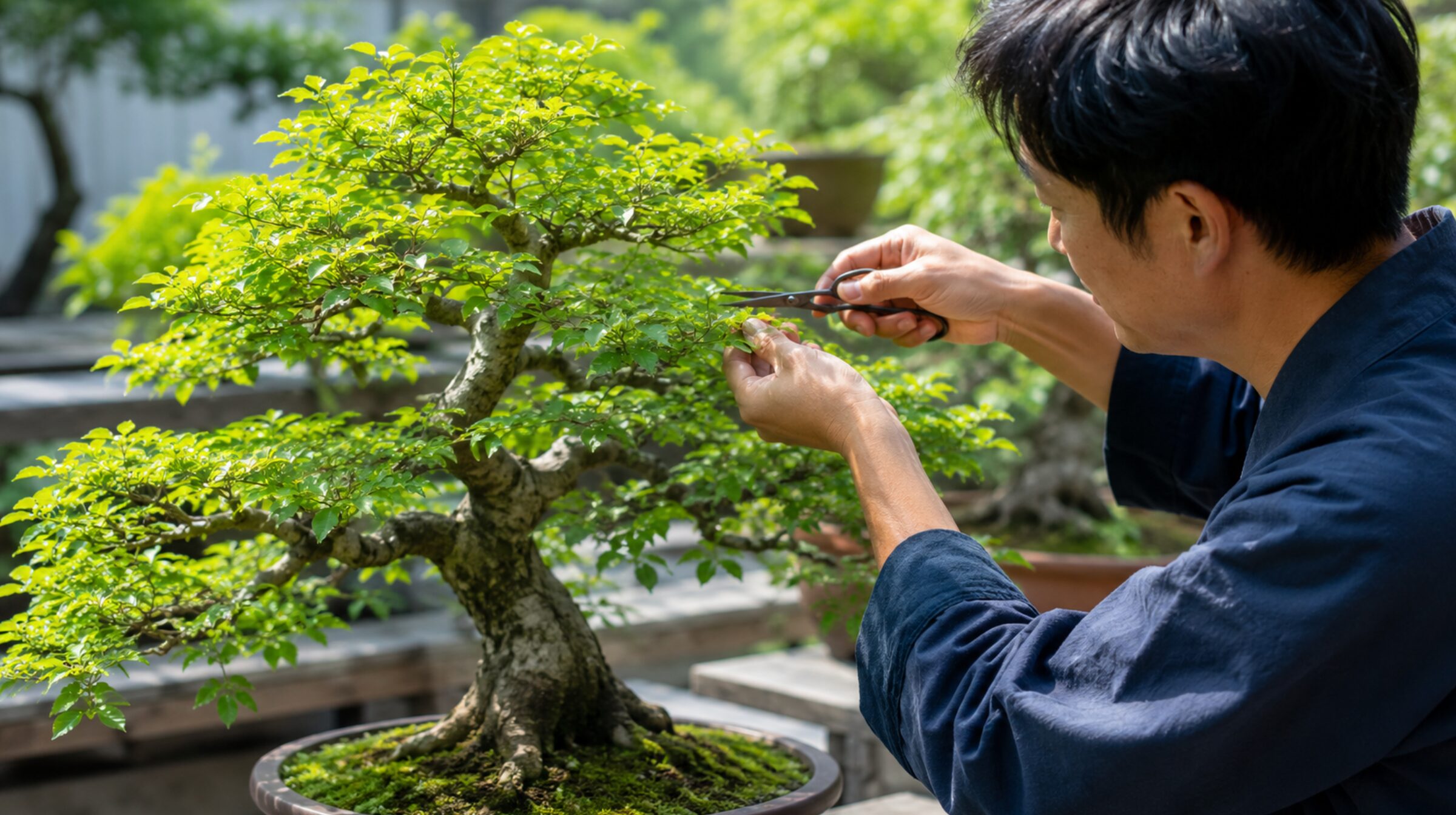 ケヤキ盆栽の枝葉を整える透かし剪定