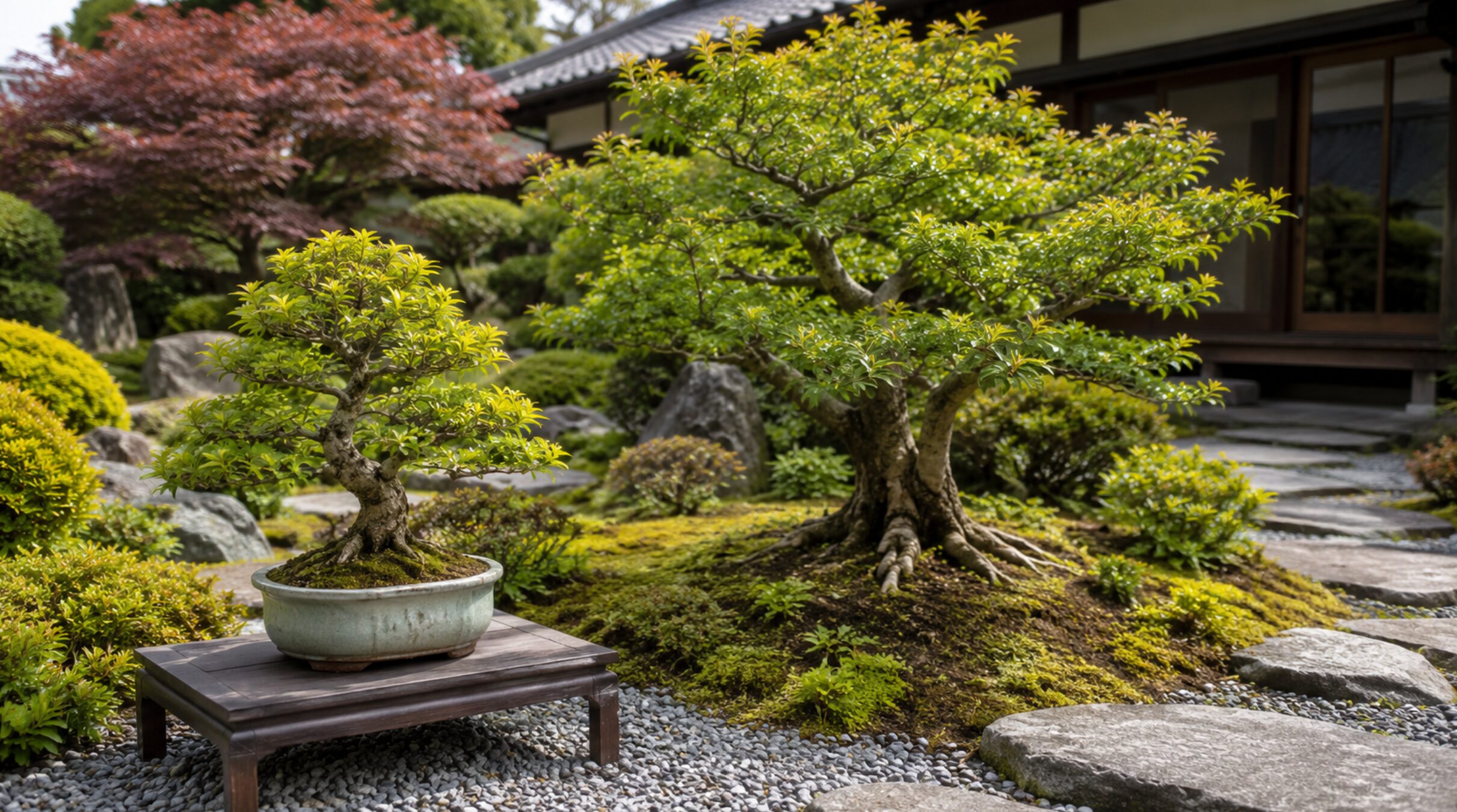 鉢植え盆栽と地植え盆栽を日本庭園で比較した様子