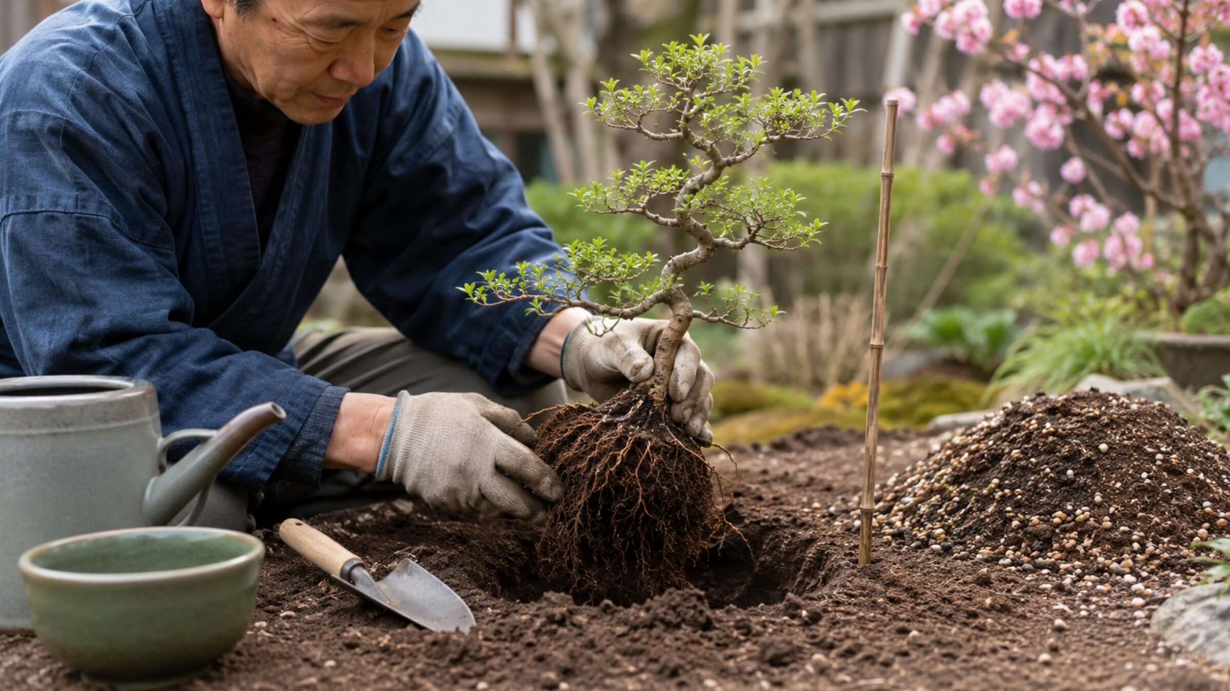 盆栽素材を庭土へ地植えする植え付け手順