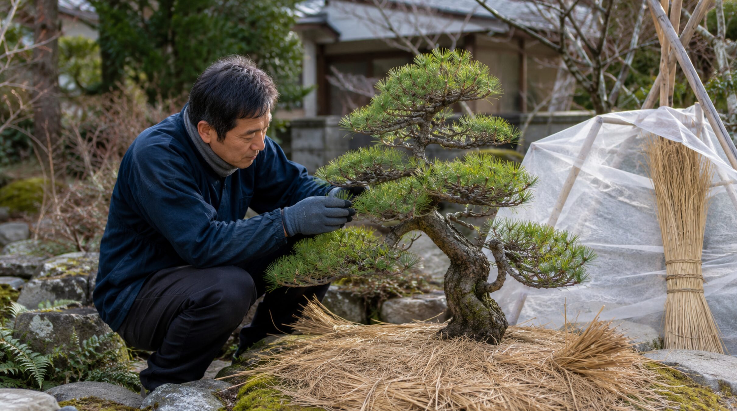 地植え盆栽の冬越しに向けたワラのマルチングと手入れ