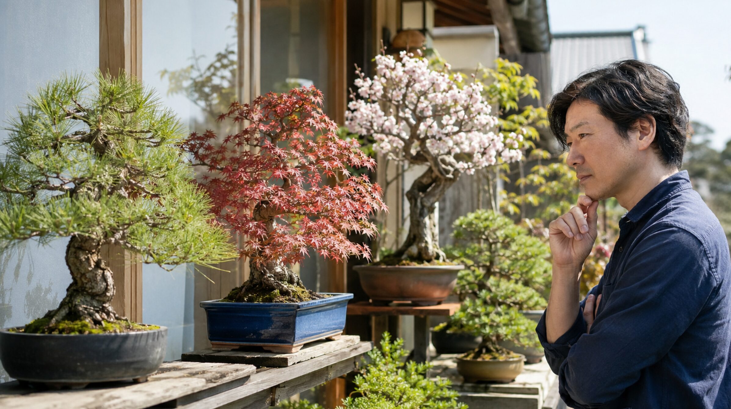 松やモミジ、花もの盆栽を見比べながら花粉リスクを確認する日本人男性