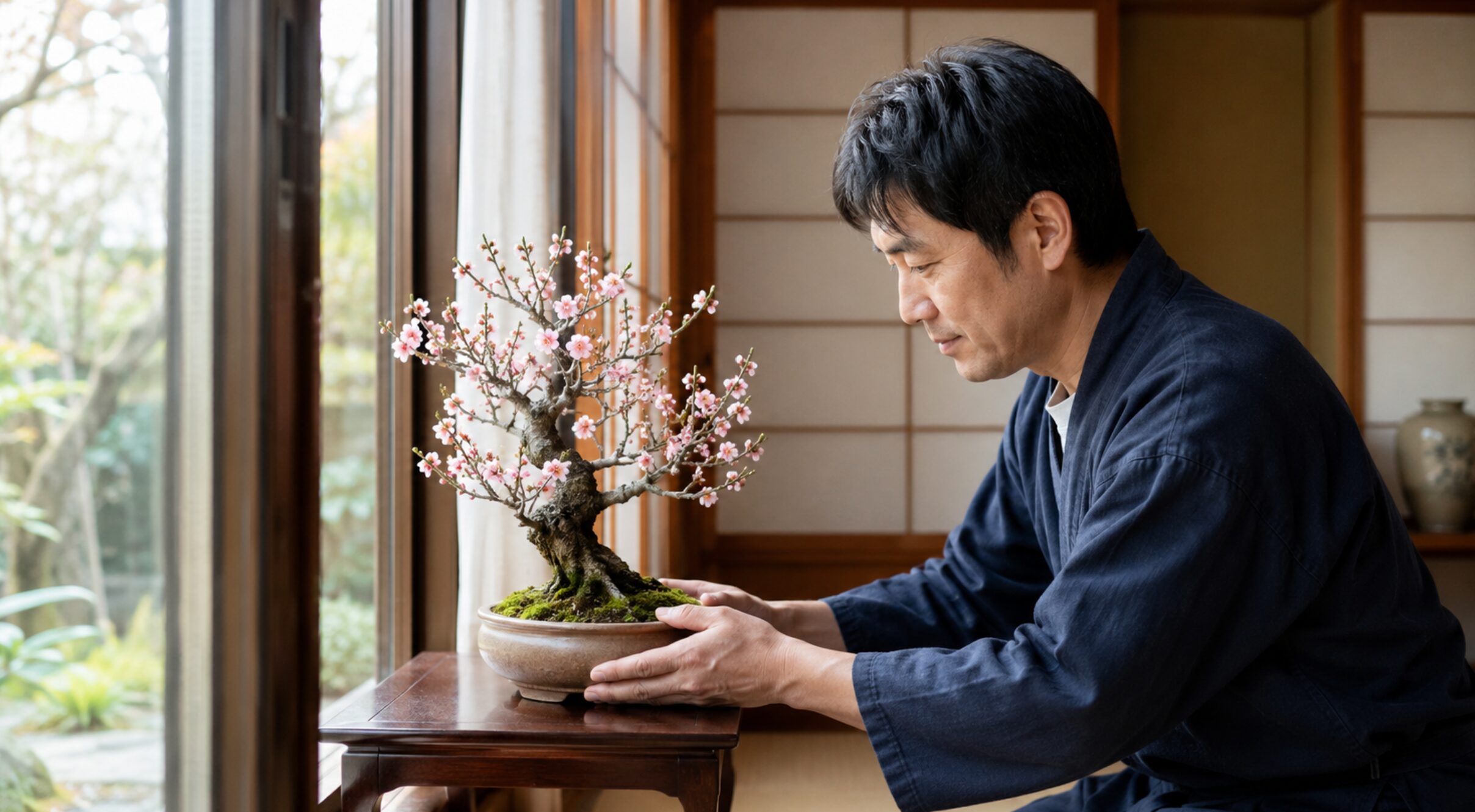 室内の窓辺で短時間展示する花付き盆栽を扱う日本人男性