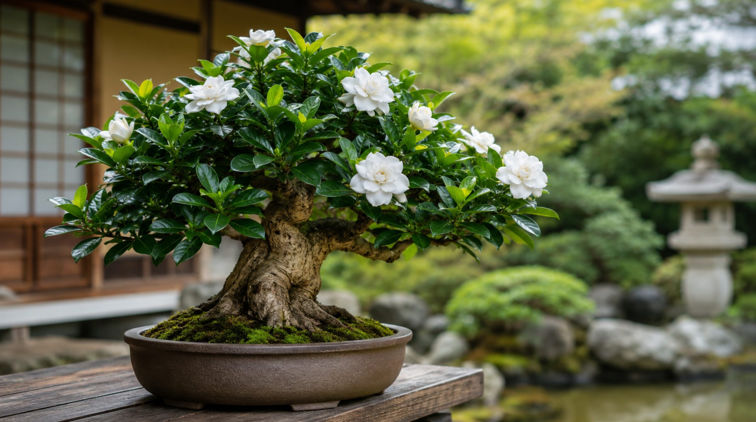 太い幹と白い花が美しいクチナシ盆栽を日本庭園で育てる様子
