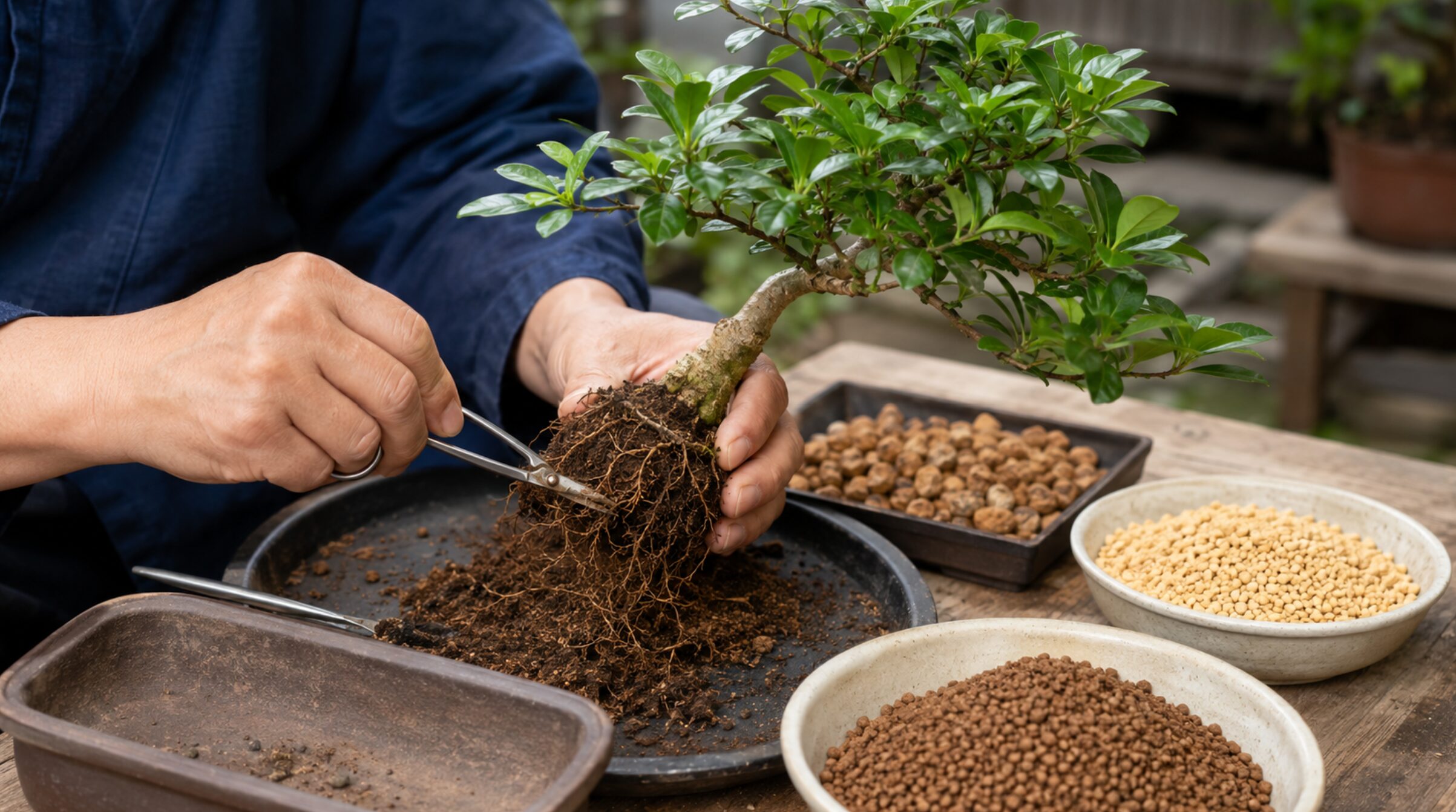クチナシ盆栽の植え替えで根を整理し弱酸性用土を準備する作業