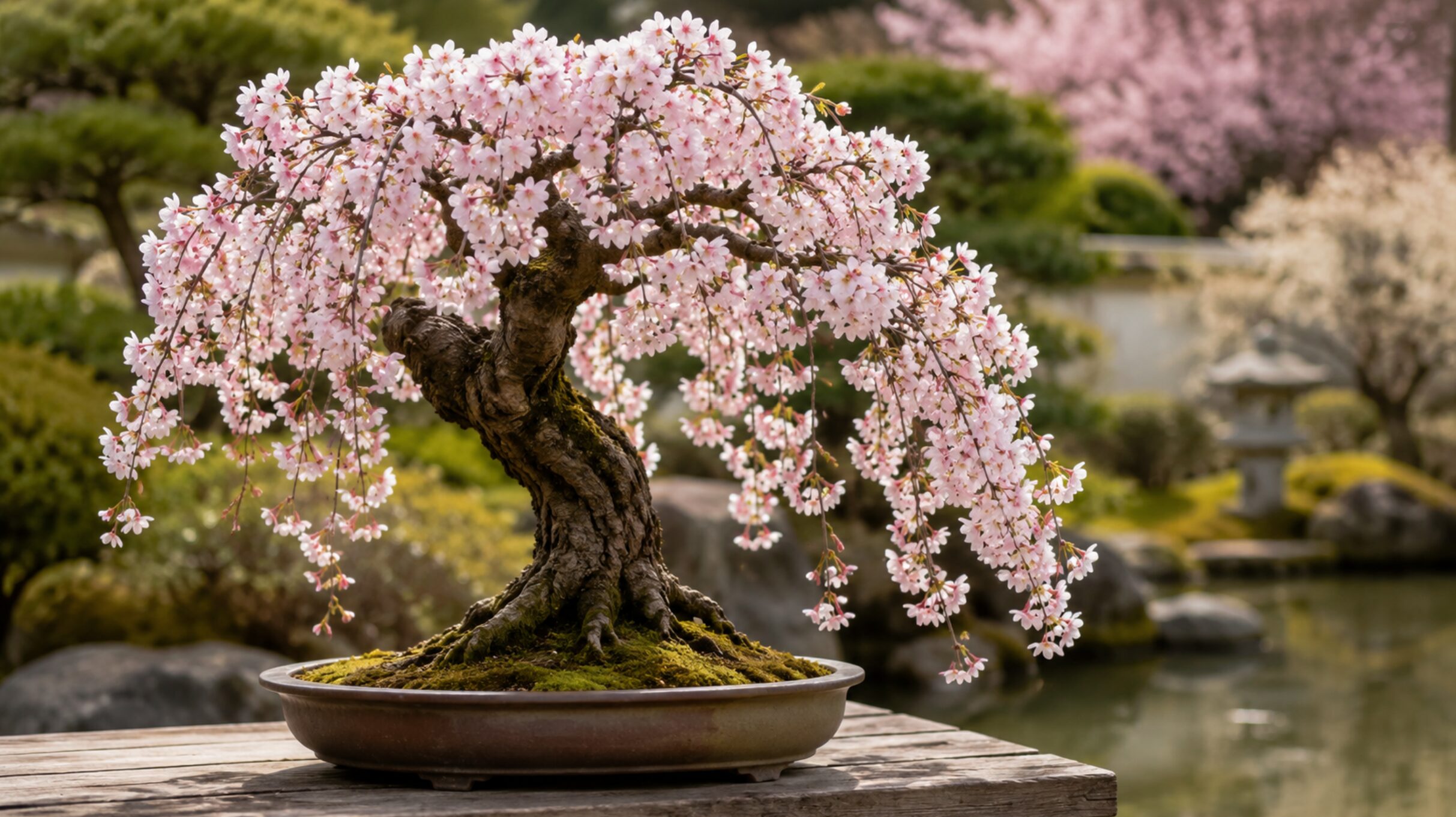 満開の枝垂れ桜盆栽が日本庭園の中で枝を下げて咲く様子