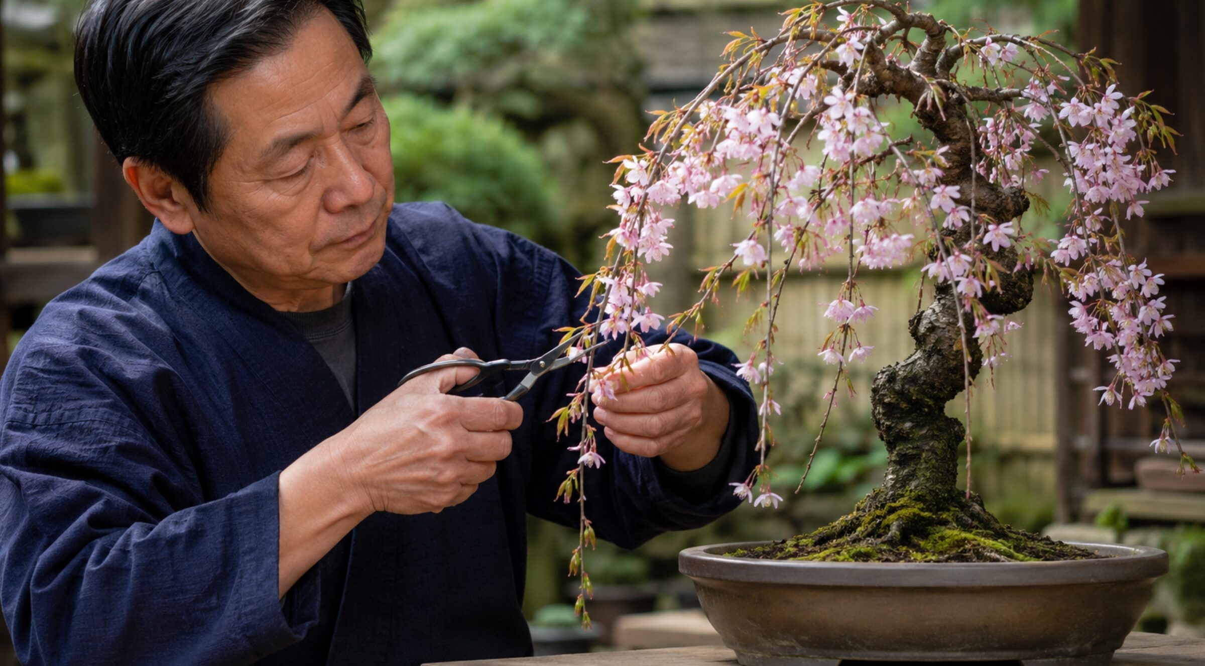 日本人男性が花後の枝垂れ桜盆栽を剪定鋏で軽く整える様子