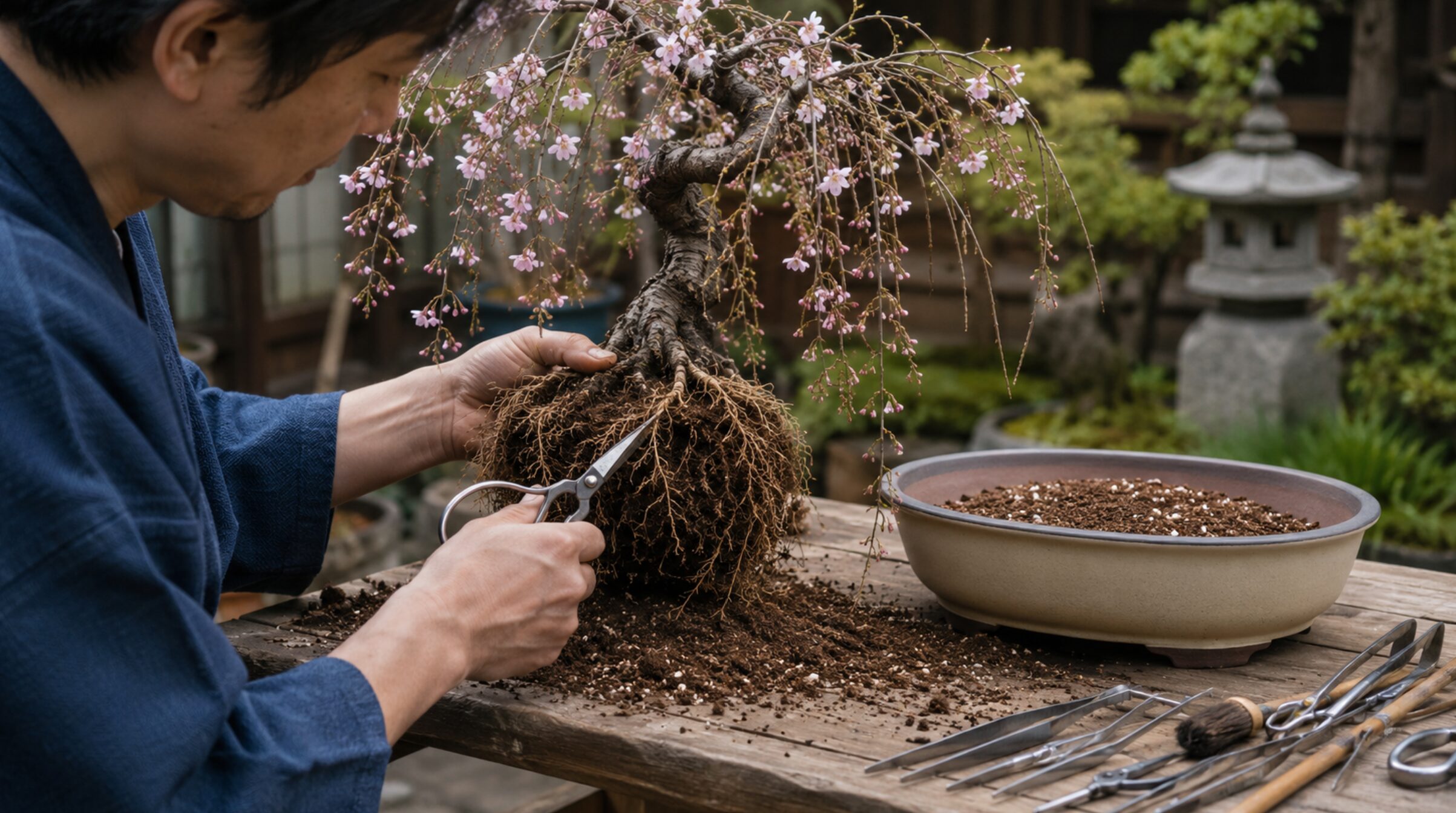 日本人男性が枝垂れ桜盆栽の根を整理して植え替え準備をする様子