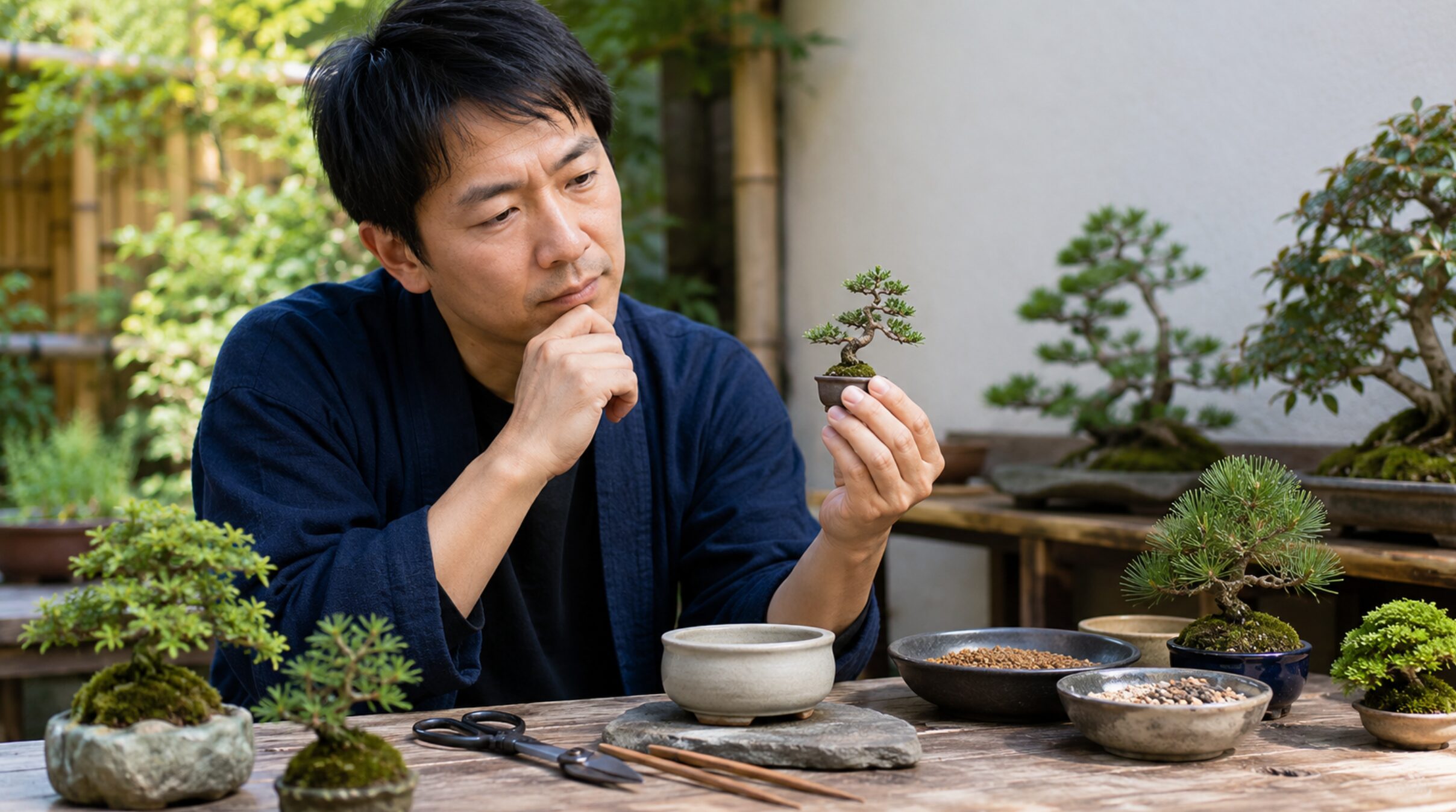豆盆栽の植え替え前に鉢や樹形を確認する日本人男性
