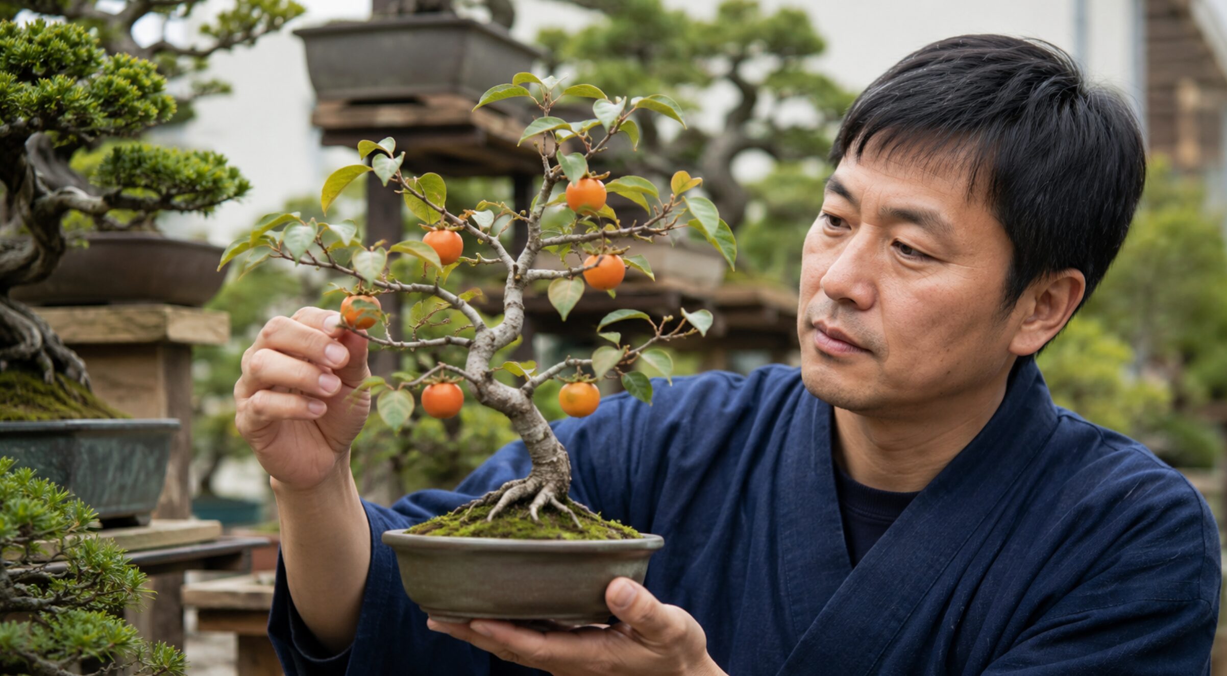 盆栽専門店で実付き豆柿盆栽の枝や幹を確認する日本人男性