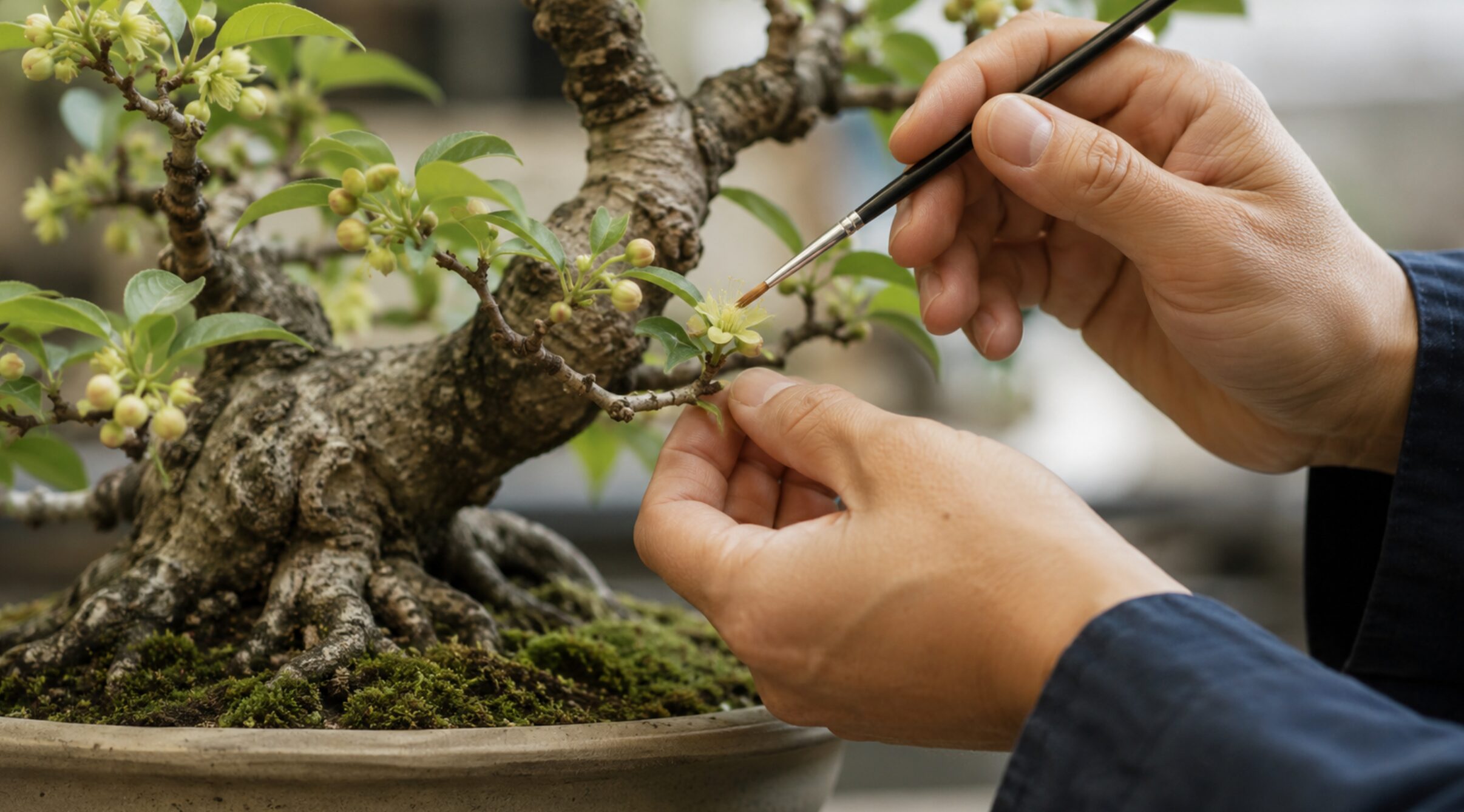 細い筆で豆柿盆栽の花を人工授粉する手元