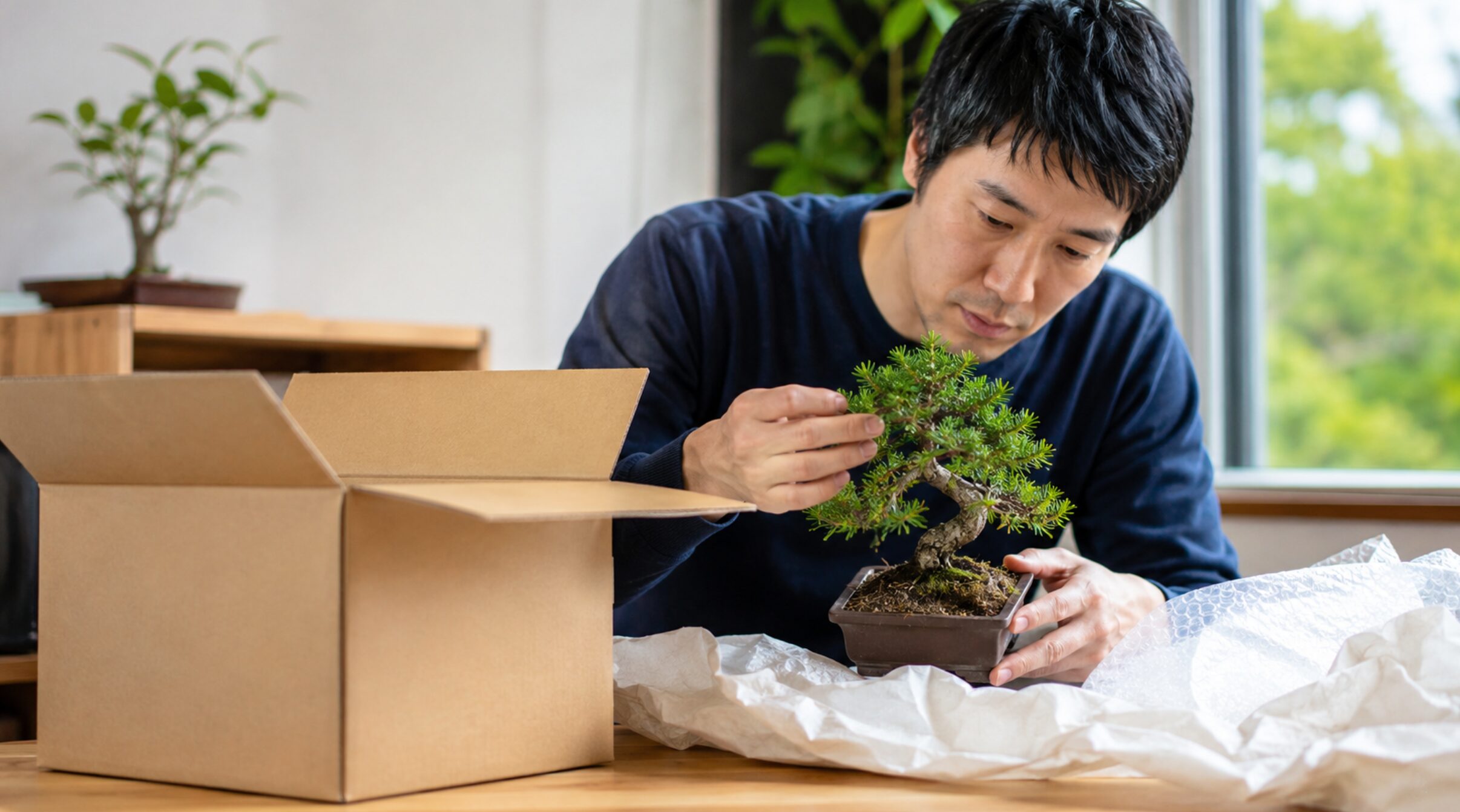 通販で届いた盆栽の枝折れや鉢土の状態を確認する男性