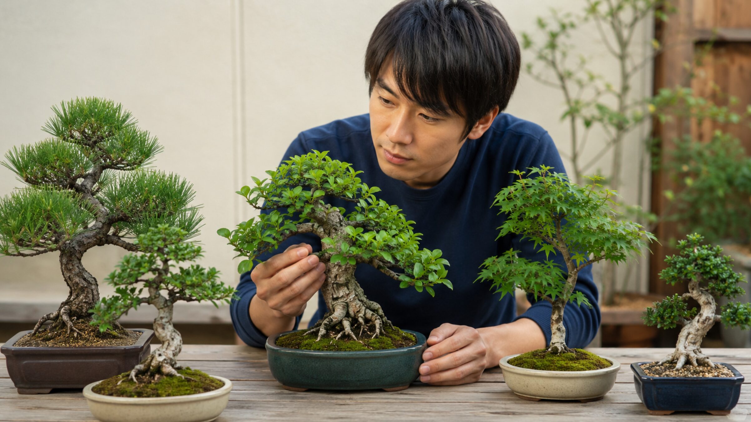 初心者が黒松やもみじの健康状態と樹形を比較して選ぶ様子