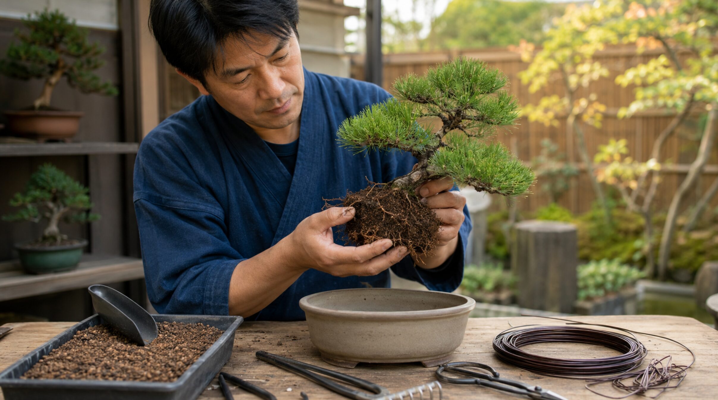 盆栽の鉢替え前に新しい鉢や用土、鋏、針金を準備する日本人男性