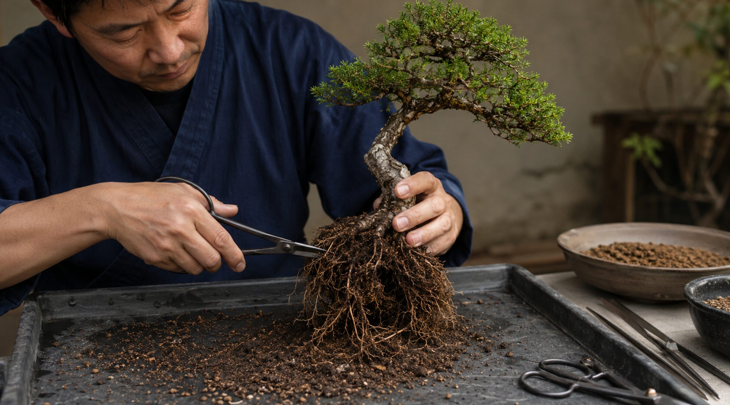 盆栽の細根を残しながら長い根を根切り鋏で剪定する様子