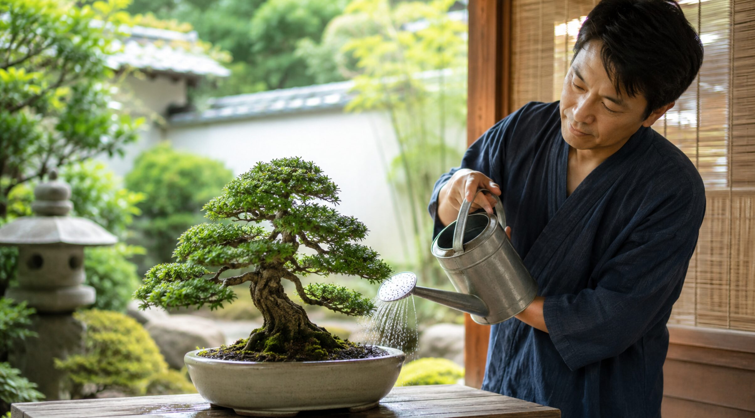 鉢替え後の盆栽へ細かなハス口のジョウロで水を与える日本人男性