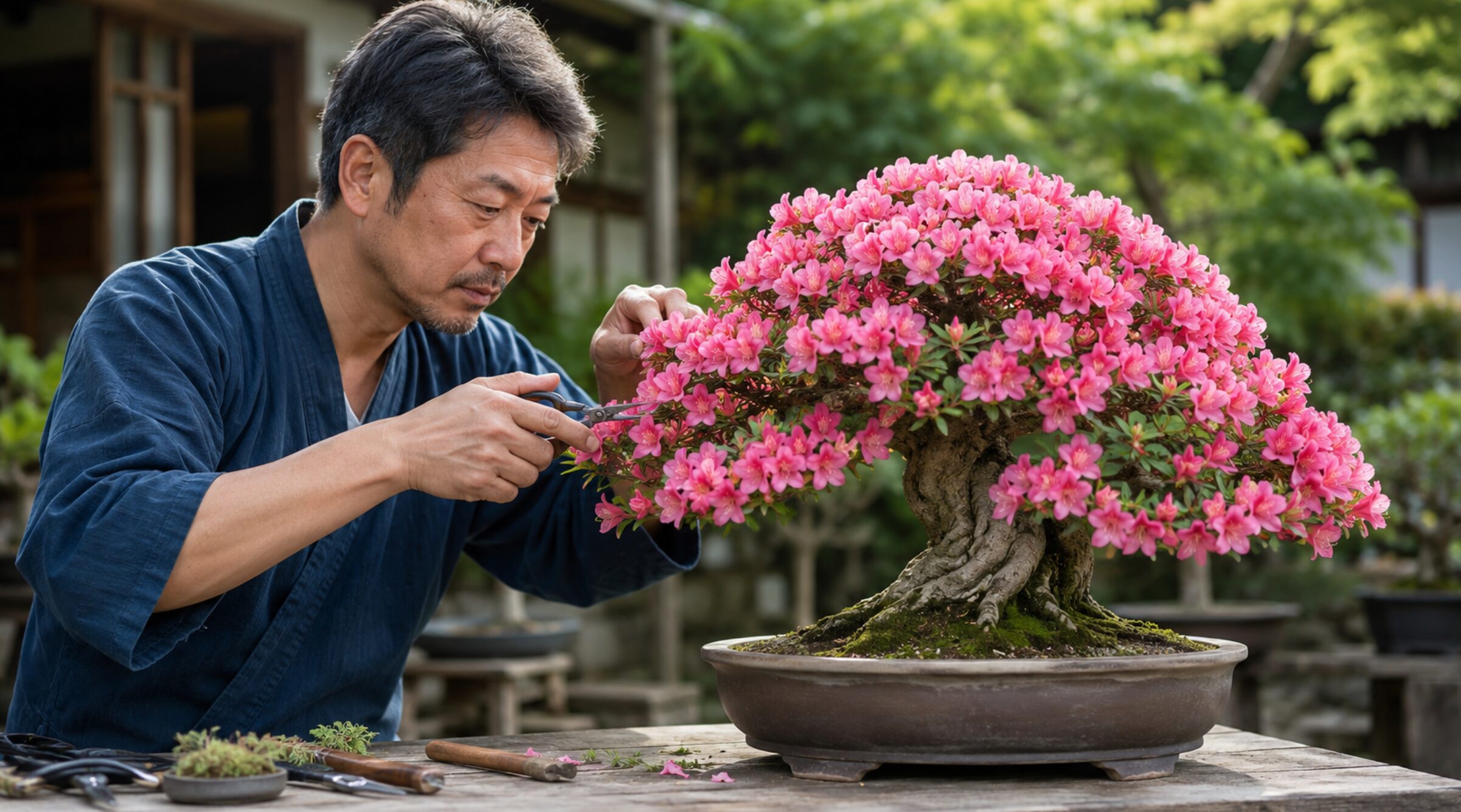 満開のさつき盆栽を盆栽鋏で剪定する日本人男性