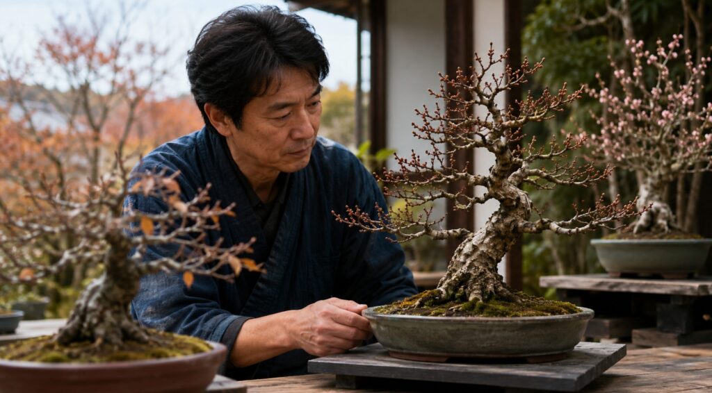 花芽の状態を確認して桜盆栽の植え替え時期を判断する様子