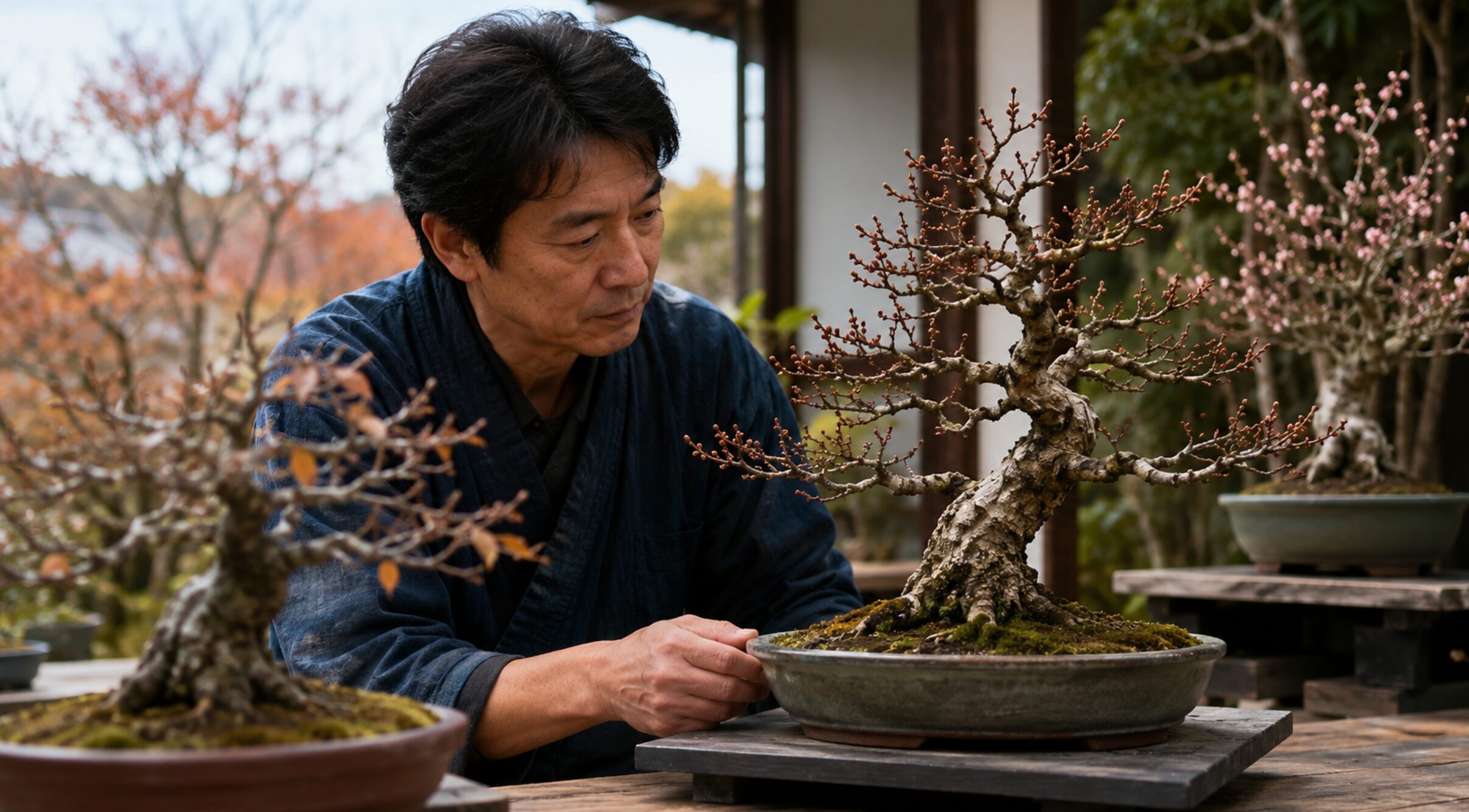 花芽の状態を確認して桜盆栽の植え替え時期を判断する様子
