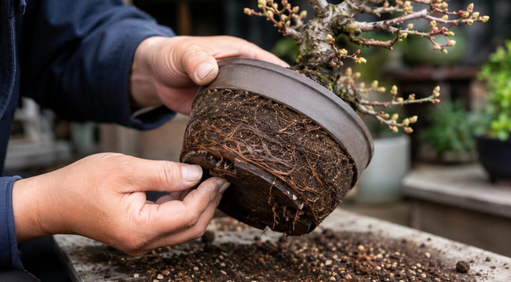 鉢の中で根詰まりした桜盆栽の根鉢を確認する様子