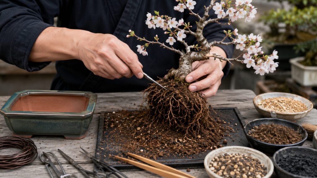 桜盆栽の古土を落として根を整理する植え替え作業