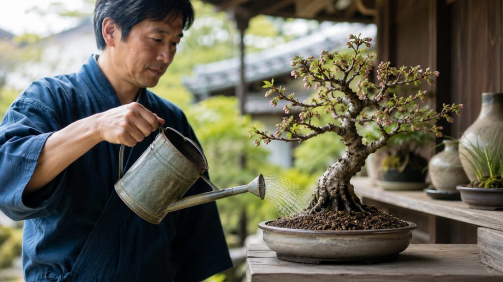 植え替え後の桜盆栽にジョウロで水やりする様子