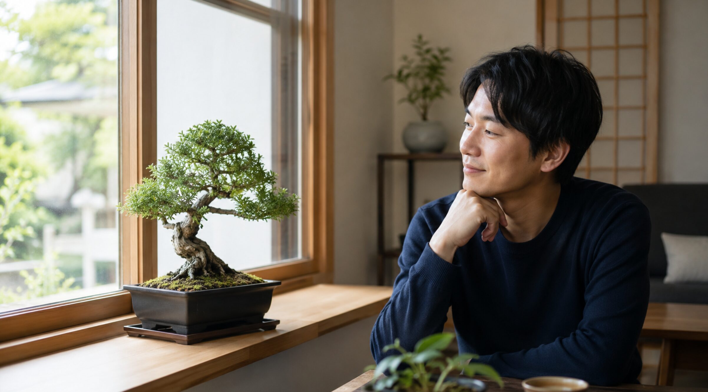 窓辺の盆栽を眺める初心者の日本人男性と明るい室内