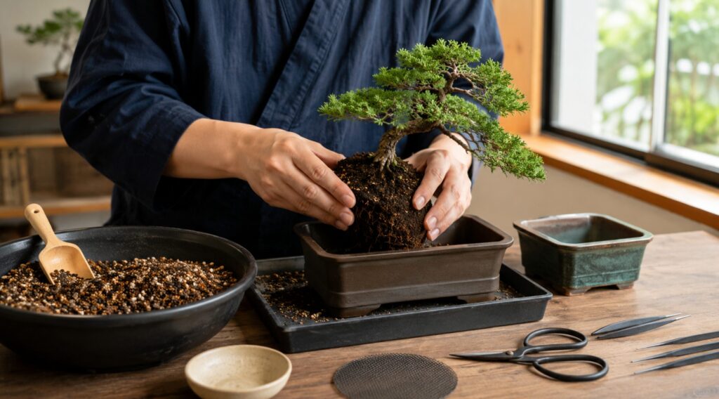 盆栽用土や鉢底ネットを準備して室内盆栽を植え替える様子