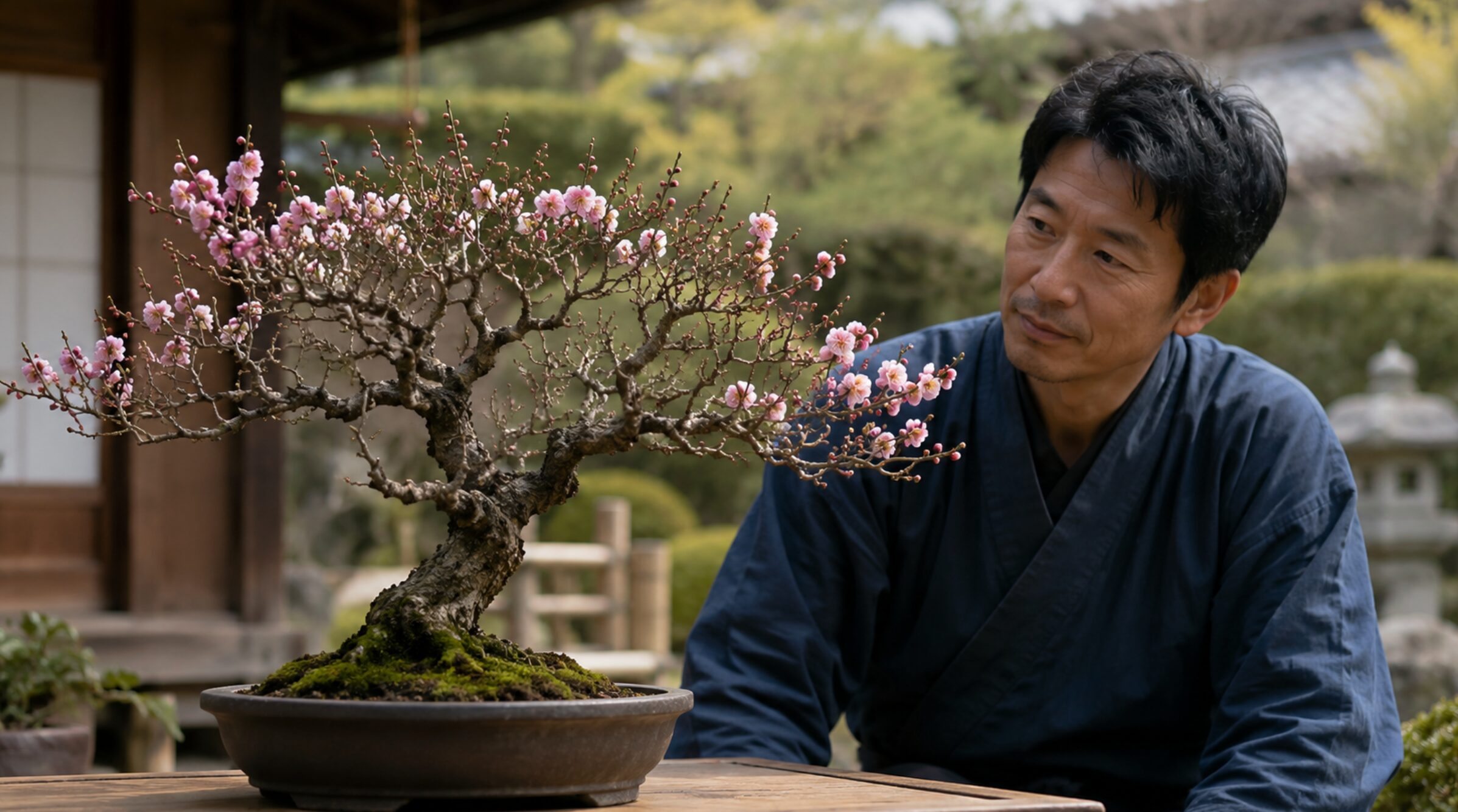 枝先に花が集まり枝元が寂しい梅盆栽を観察する日本人男性