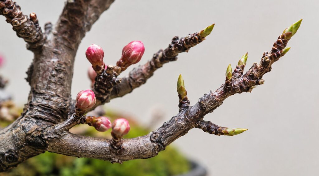 梅盆栽の丸い花芽と尖った葉芽の違いを示す枝の接写