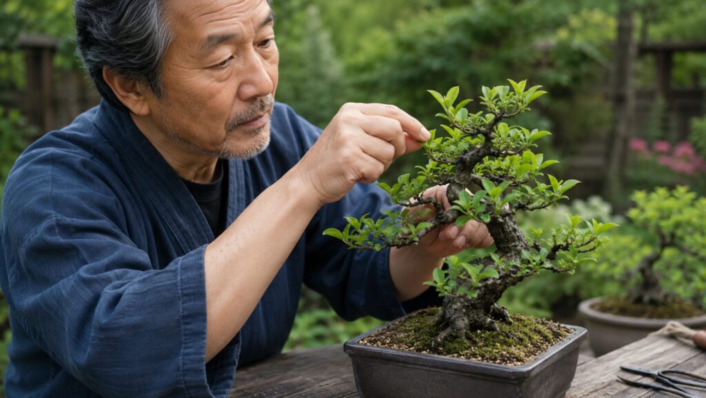 梅盆栽の新梢先端を摘んで枝元の芽を促す芽摘み作業