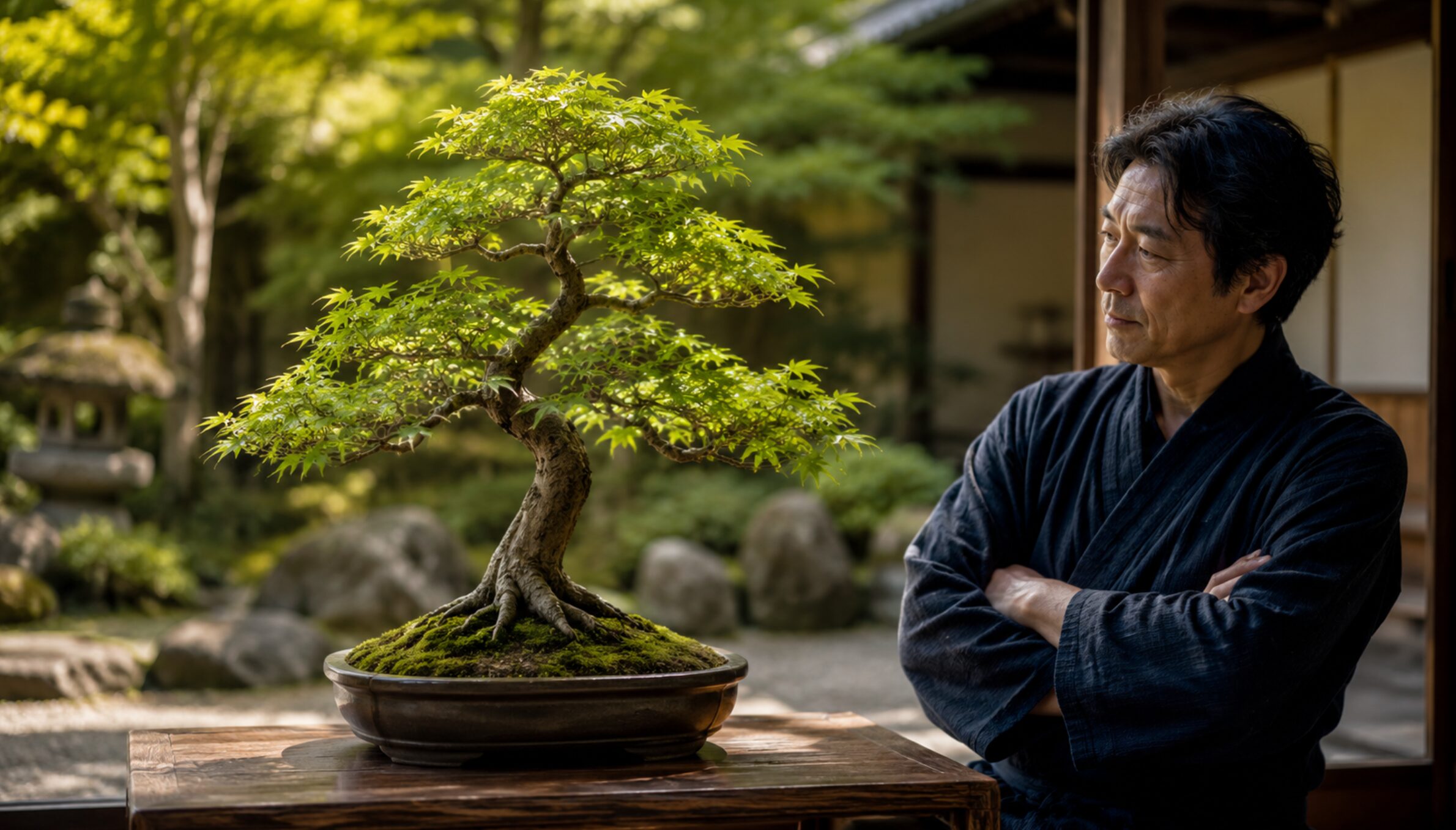 もみじ盆栽の根張りや幹、枝のバランスを確認する日本人男性