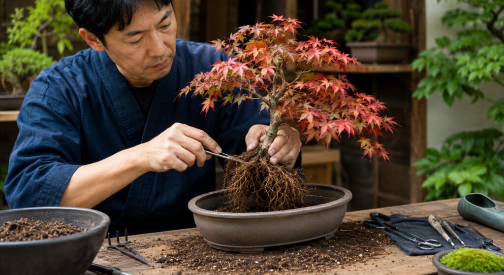 もみじ盆栽の植え替えで根切りと根鉢の整理を行う様子