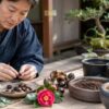 椿の種や果実、育苗ポットを並べて種まきの準備をする日本人男性