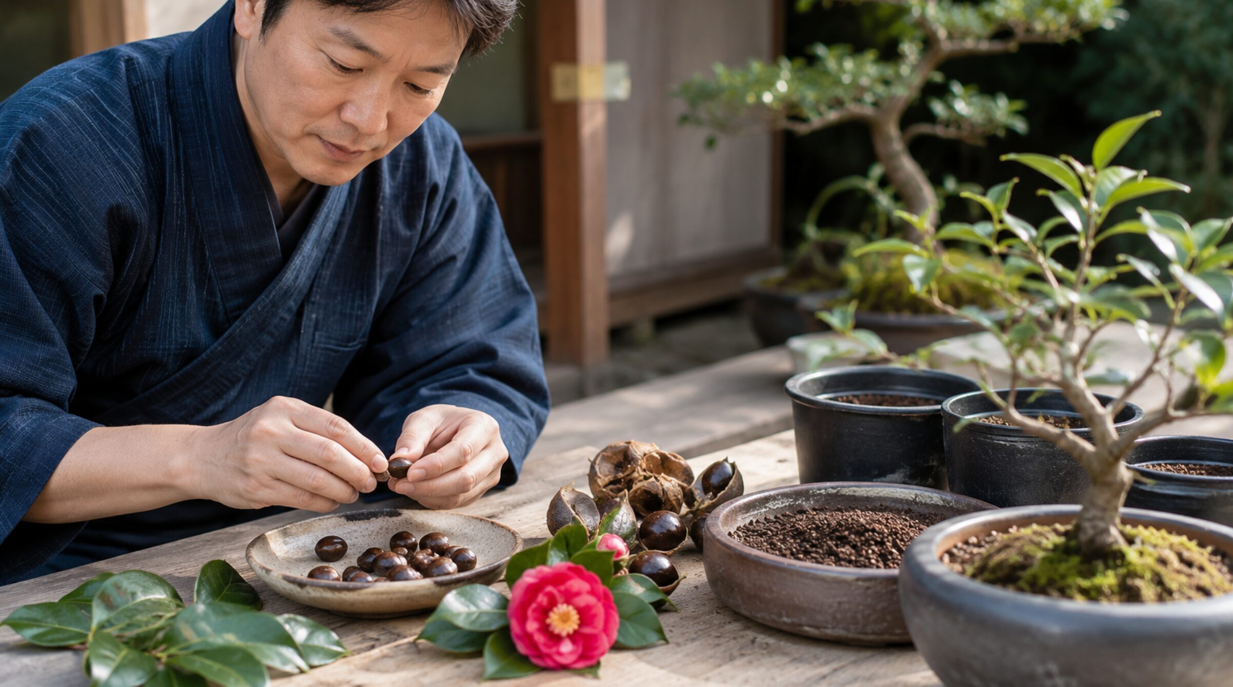 椿の種や果実、育苗ポットを並べて種まきの準備をする日本人男性