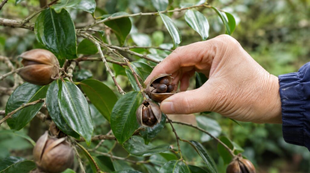 枝についた完熟した椿の果実から茶色い種を採取する様子