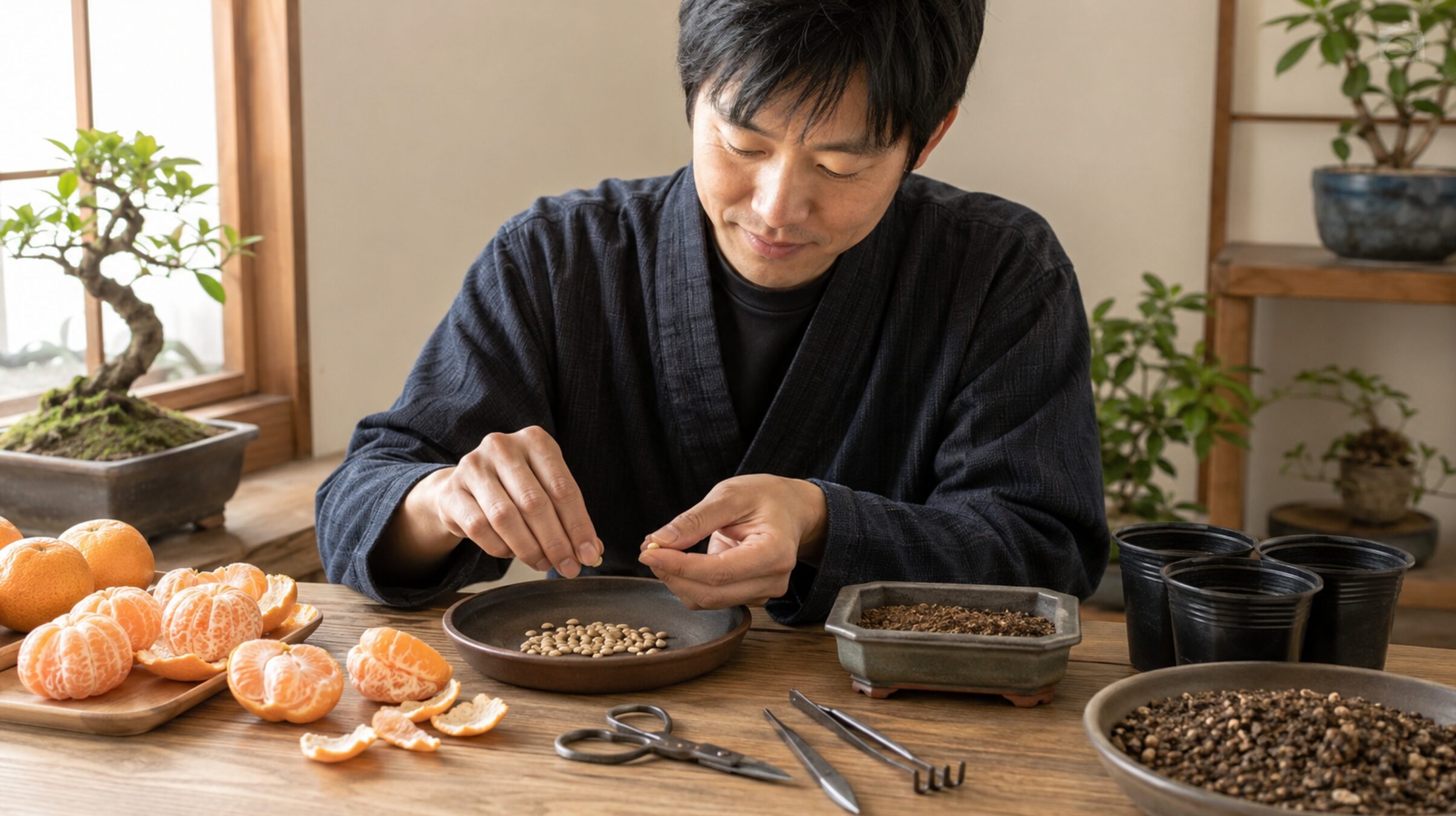 みかんの種を選別して盆栽作りの準備をする様子
