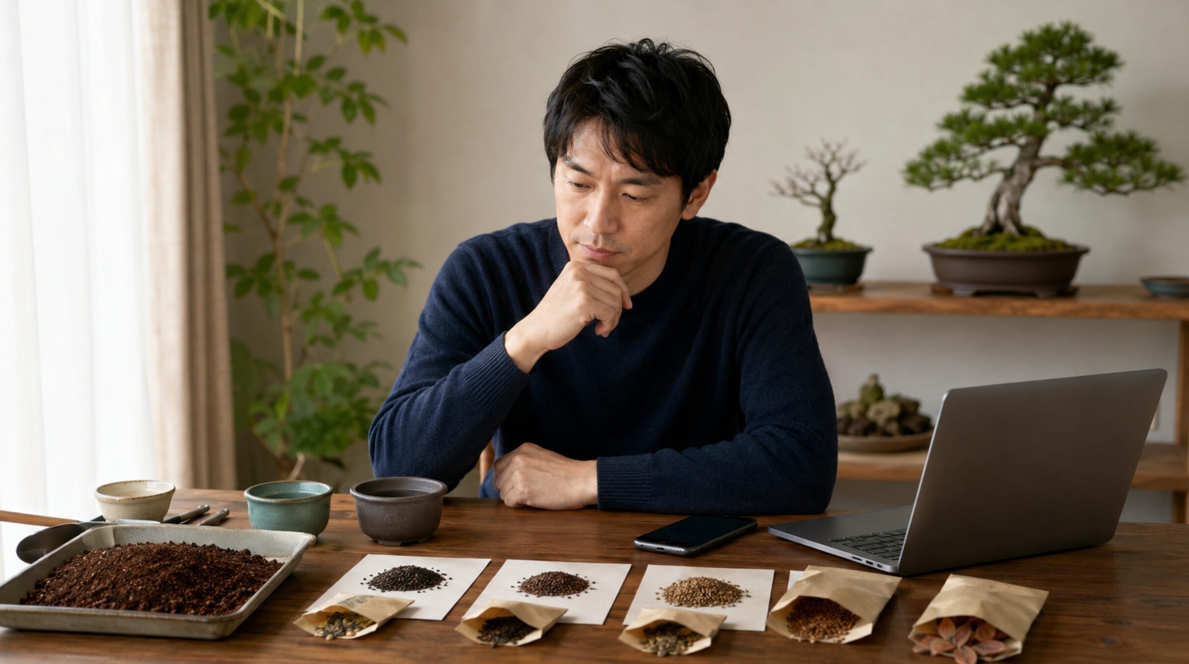 盆栽用の種や鉢を並べて購入先を検討する日本人男性